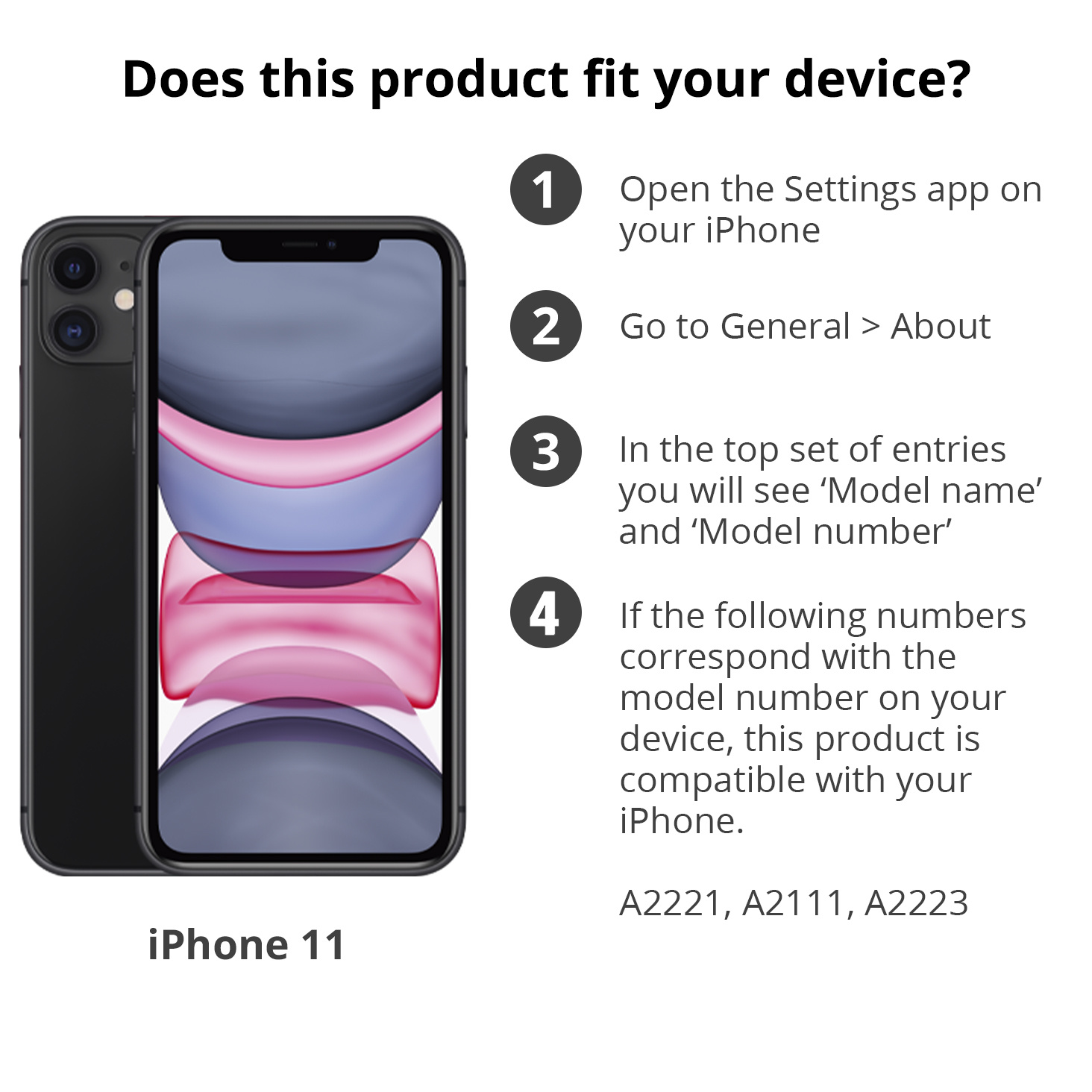 Zwarte iPhone 11, instructies compatibiliteit. Telefoon links.