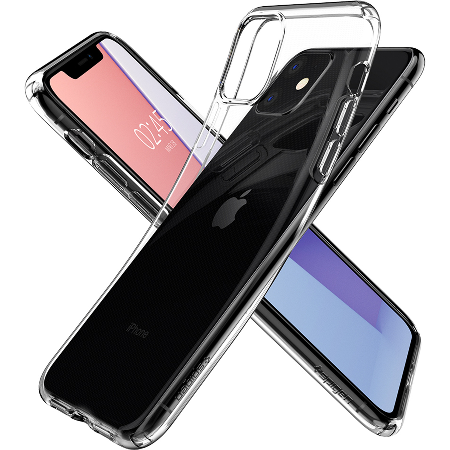 Custodie trasparenti per telefoni sui telefoni, che mostrano la parte posteriore e anteriore.