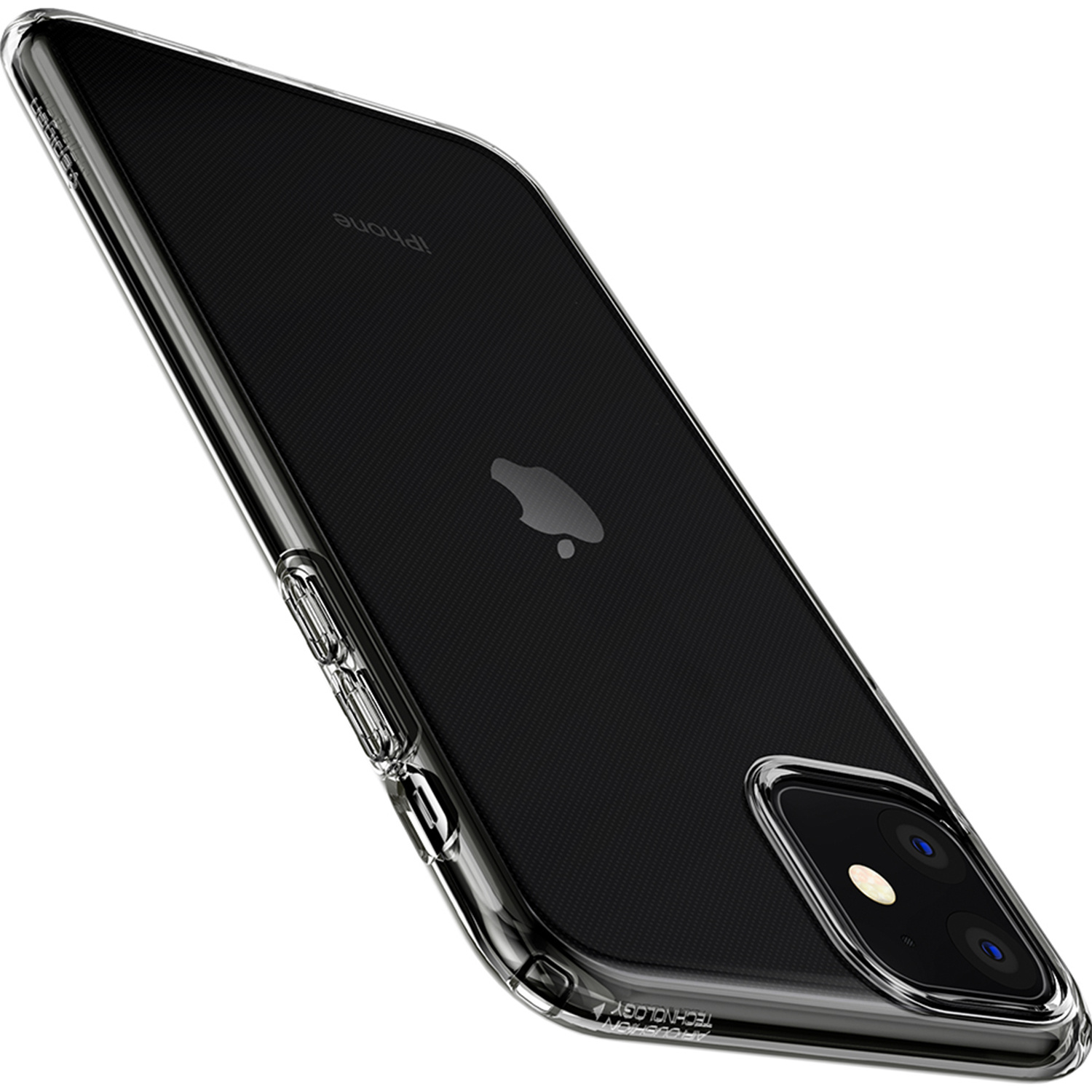iPhone nero con una custodia trasparente.