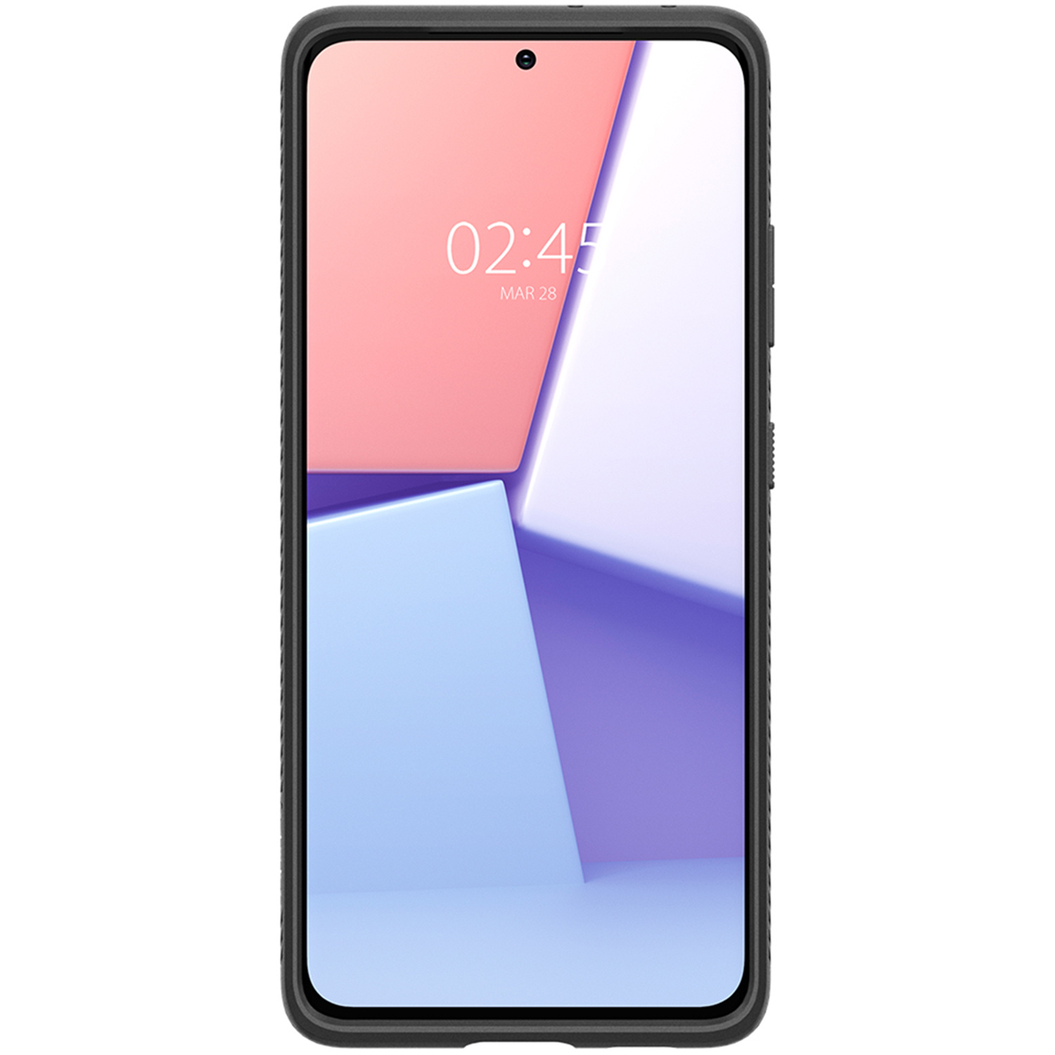 Telefono nero con schermo che mostra l'ora, in una custodia nera. Lo sfondo è un design bianco e rosa.