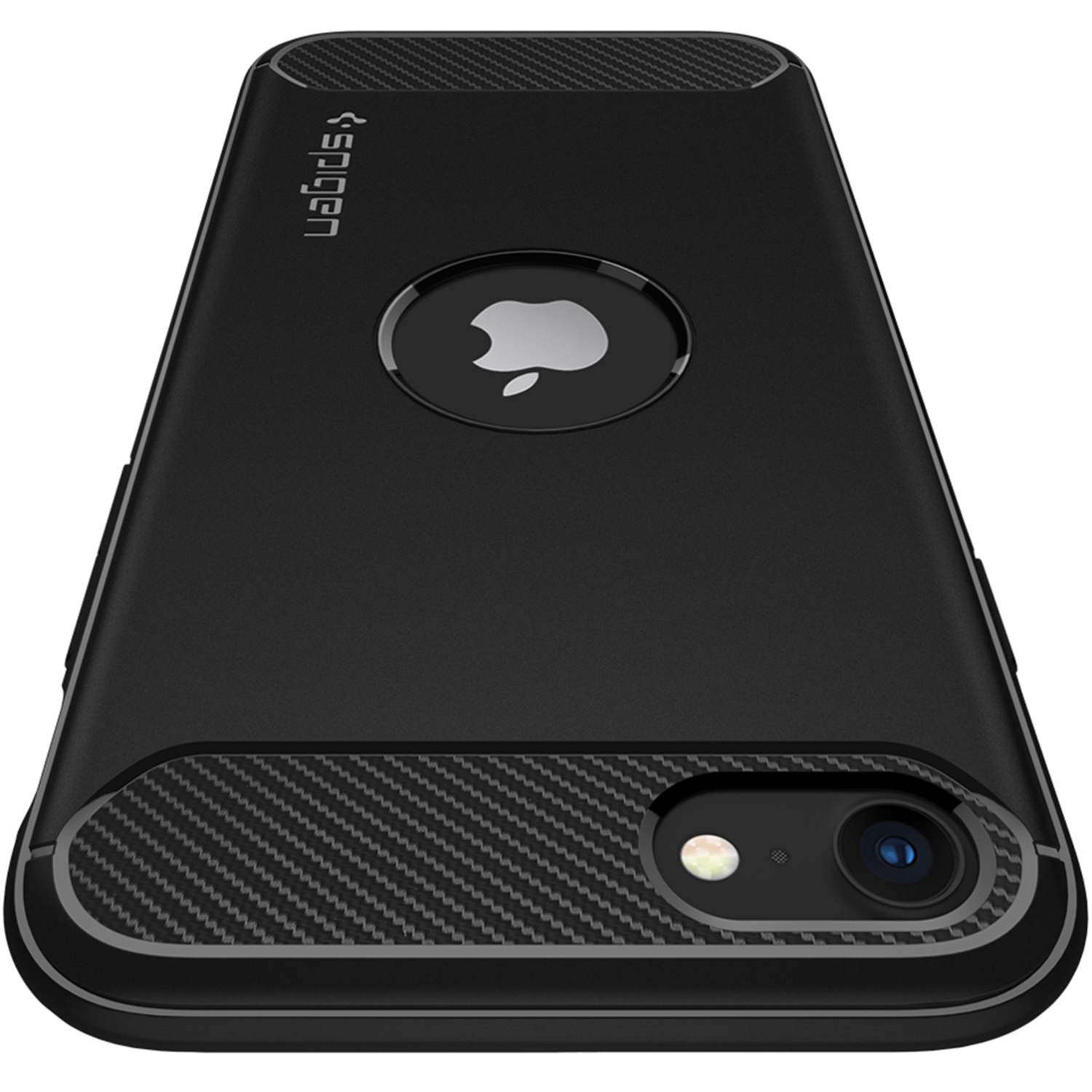 Viene mostrata una custodia nera per telefono con dettagli in fibra di carbonio e un ritaglio del logo Apple su uno sfondo bianco.