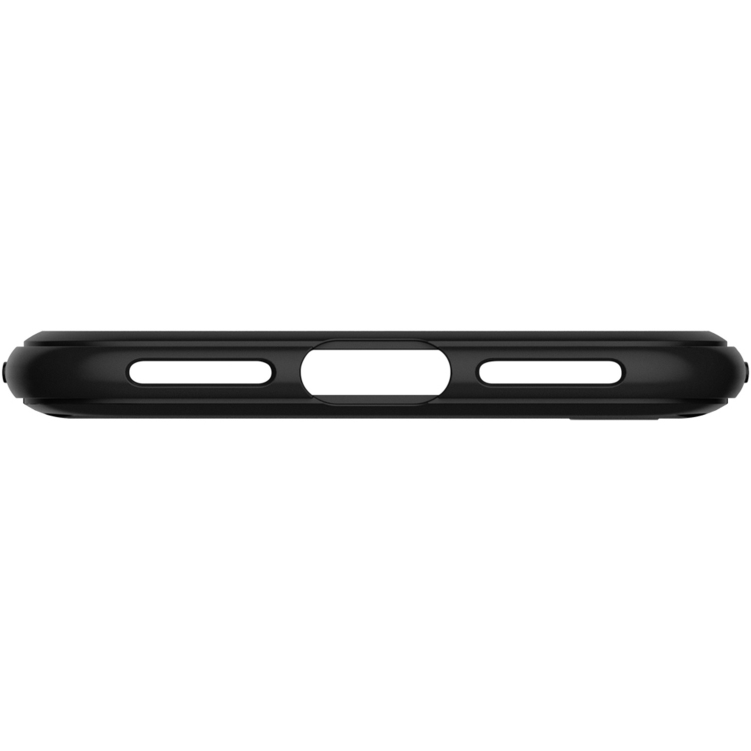 Viene mostrata una custodia nera per telefono con tre porte. Due porte circolari si trovano su entrambi i lati di una porta rettangolare.