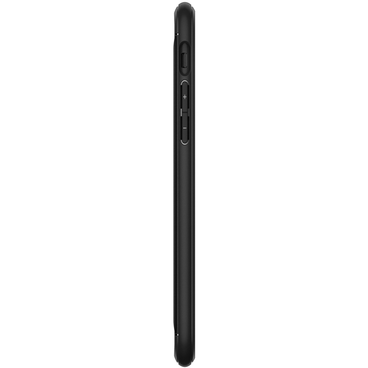 Viene mostrata una custodia nera per telefono di lato, che mostra i pulsanti del volume e il design elegante e sottile.