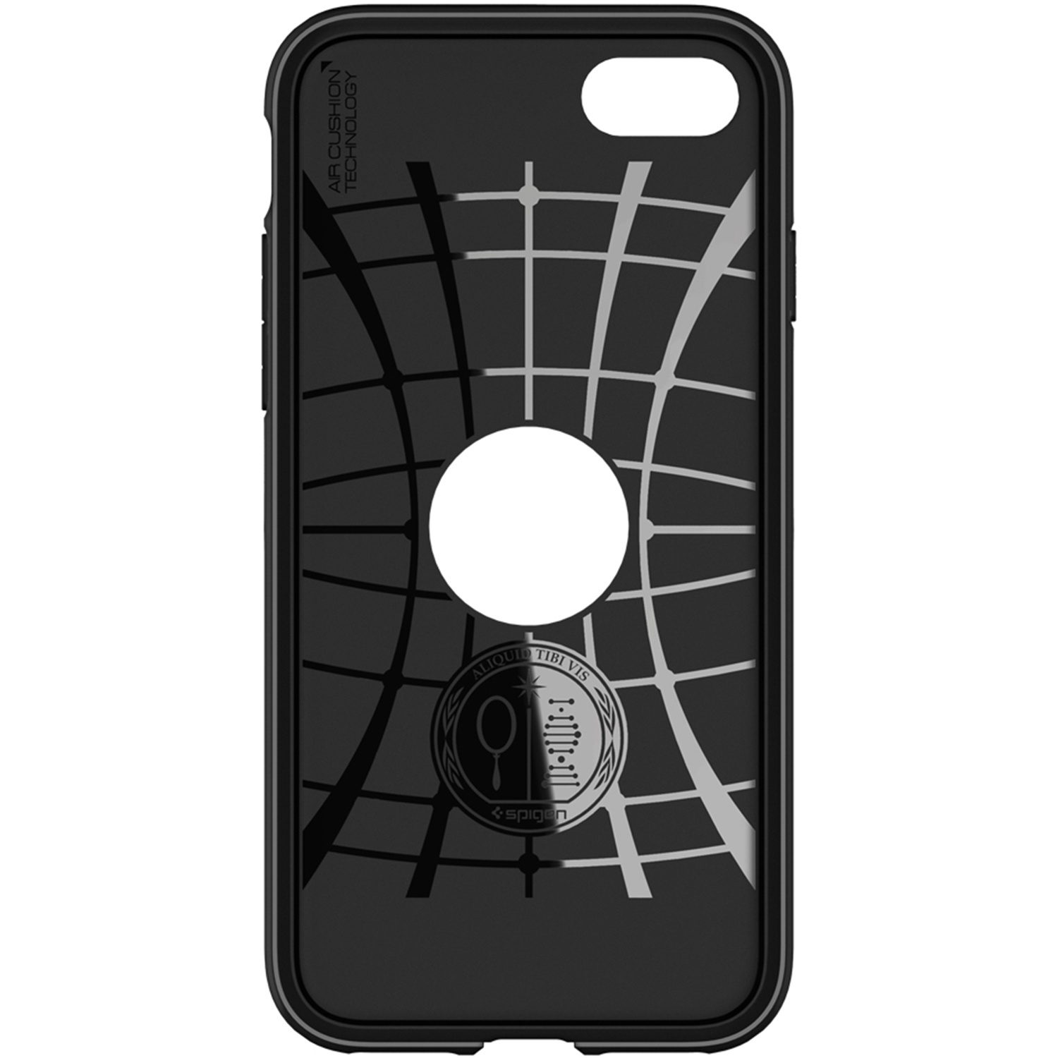 Viene mostrato l'interno di una custodia nera per telefono con un motivo a griglia e un ritaglio circolare al centro.