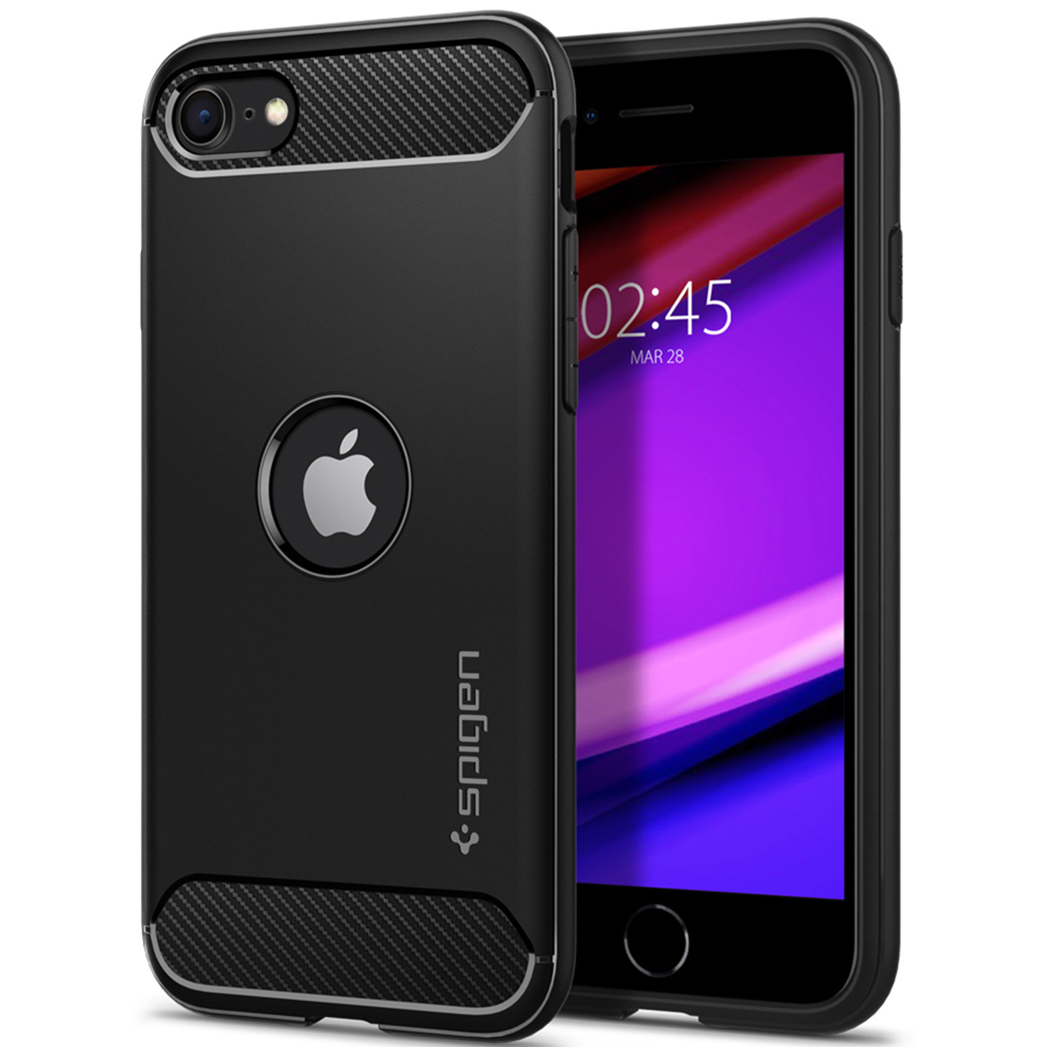 Viene mostrata una custodia nera per telefono con dettagli in fibra di carbonio e un ritaglio del logo Apple accanto a un telefono.