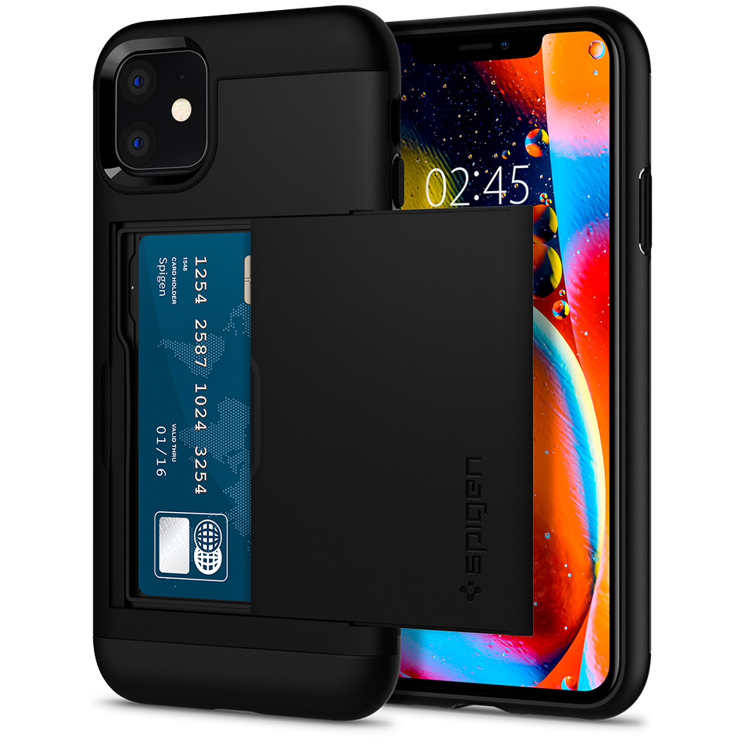 iPhone nero in custodia nera con fessura per carte aperta. Una carta di credito è visibile. La custodia ha il logo Spigen.