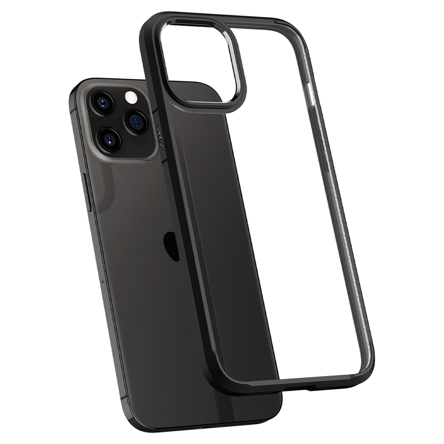Viene mostrata una custodia nera per telefono con un bordo trasparente accanto a un telefono con tre fotocamere.