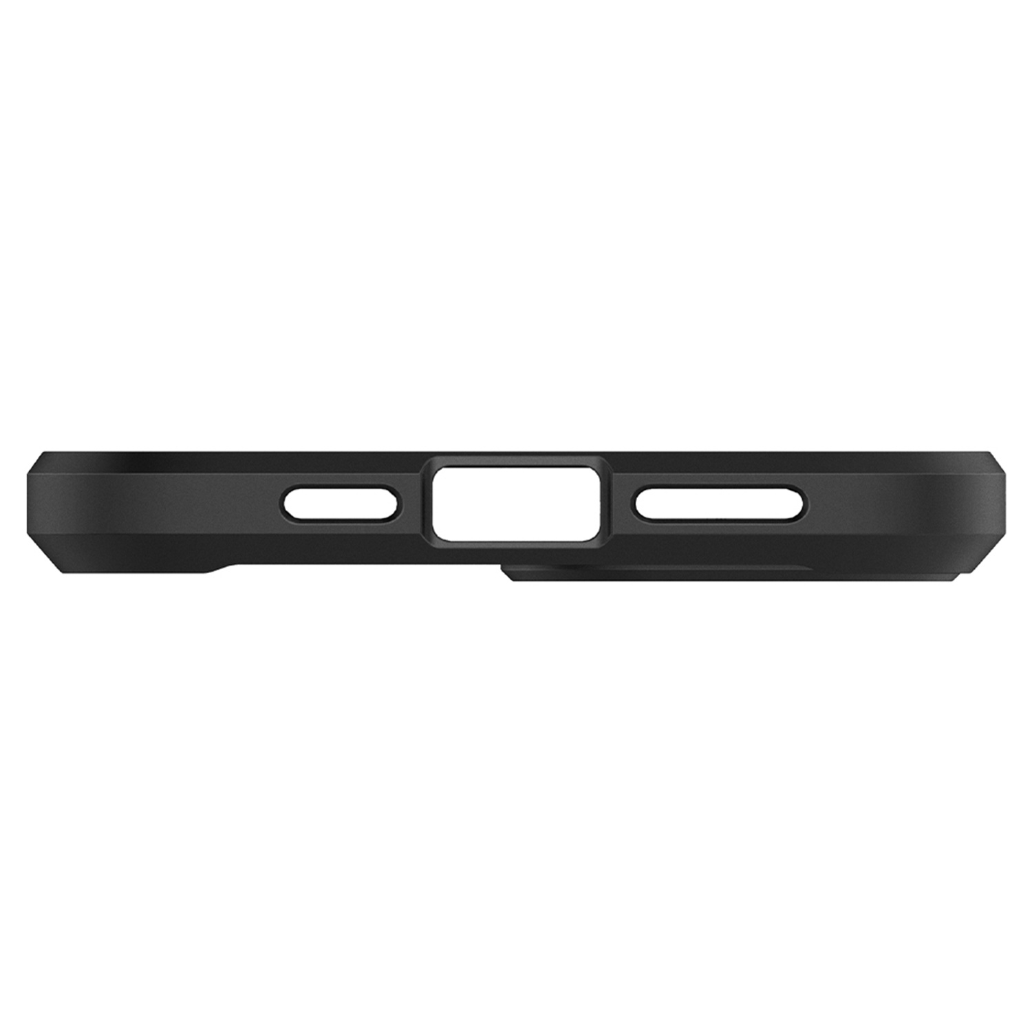 Viene mostrata una custodia nera per telefono con tre porte. Due porte circolari si trovano su entrambi i lati di una porta rettangolare.