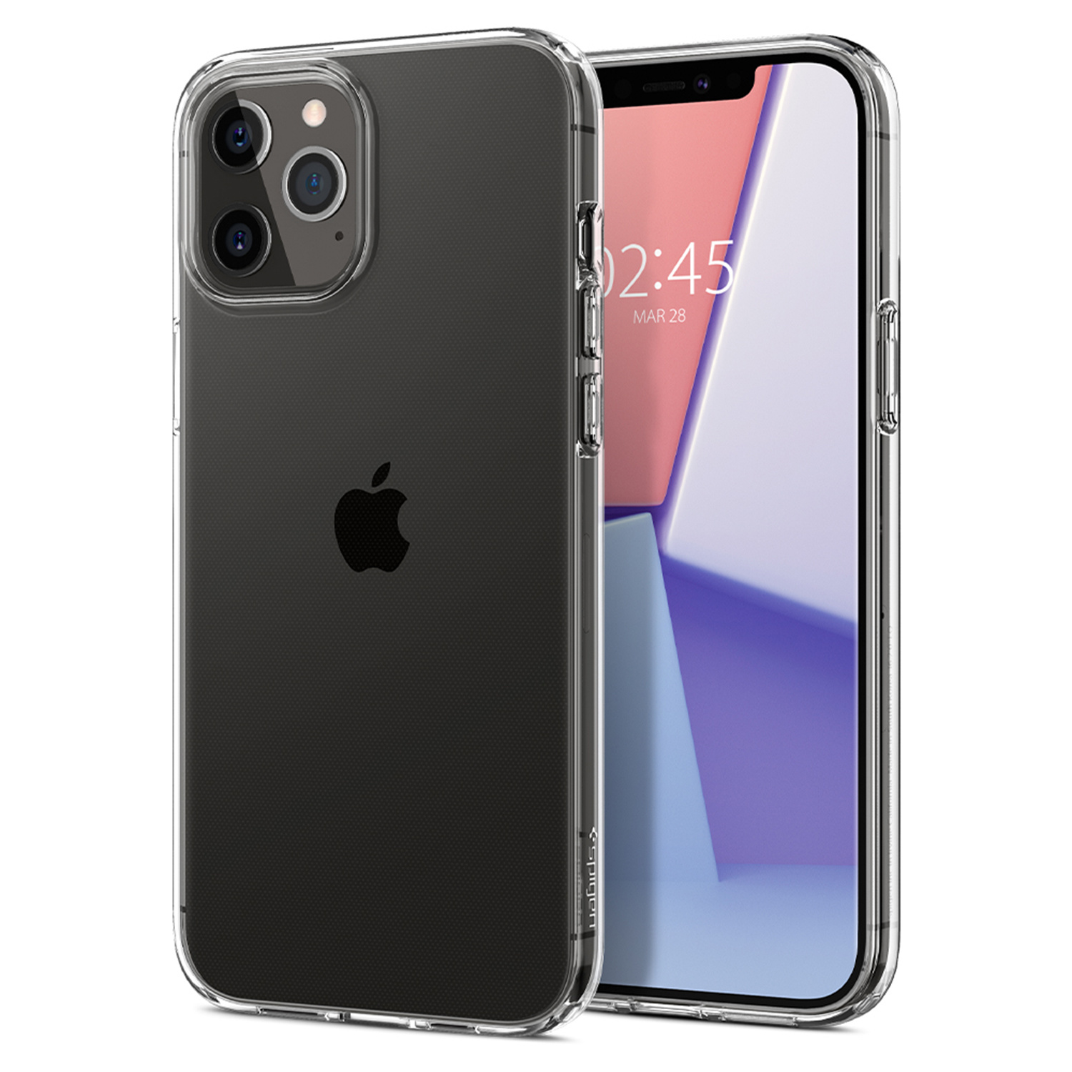 iPhone 11 Pro w przezroczystym etui, pokazujący tył i ekran telefonu.