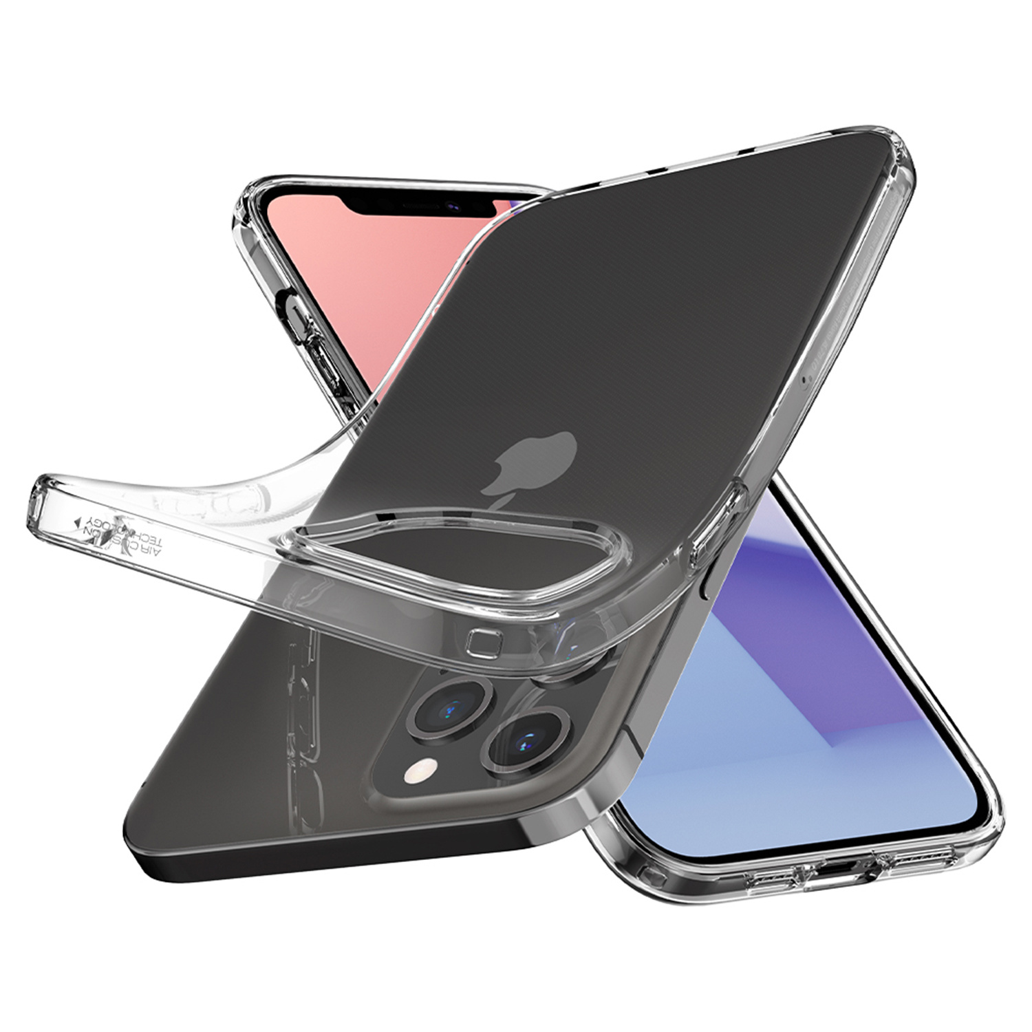 iPhone'y z przezroczystymi etui. Lewy iPhone pokazuje różowy ekran.
