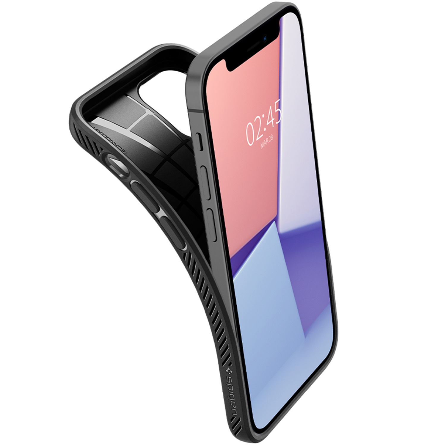 Un iPhone in una custodia nera, angolato, che mostra lo schermo e i dettagli della custodia.
