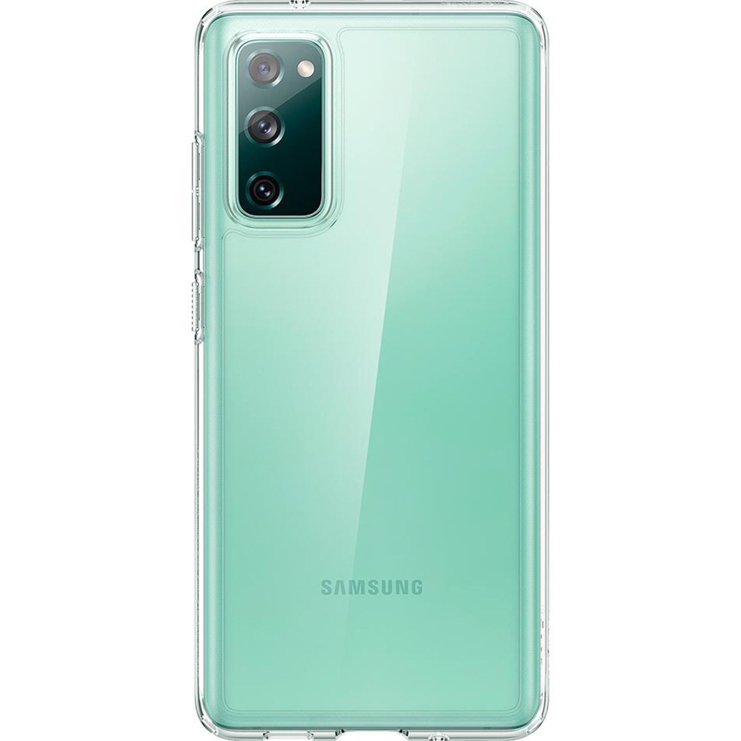 Samsung telefoon in een doorzichtige hoes, toont de achterkant met drievoudige camera en groen.