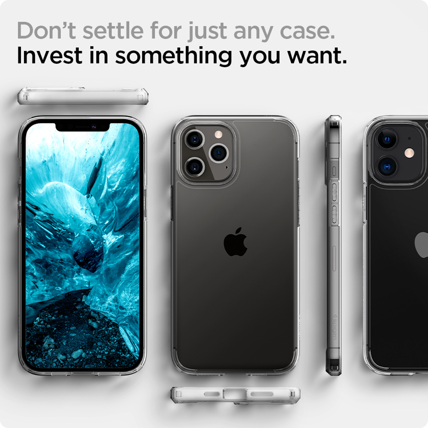 Wiele iPhone'ów w przezroczystych etui, wyświetlane z różnych perspektyw, na białym tle.