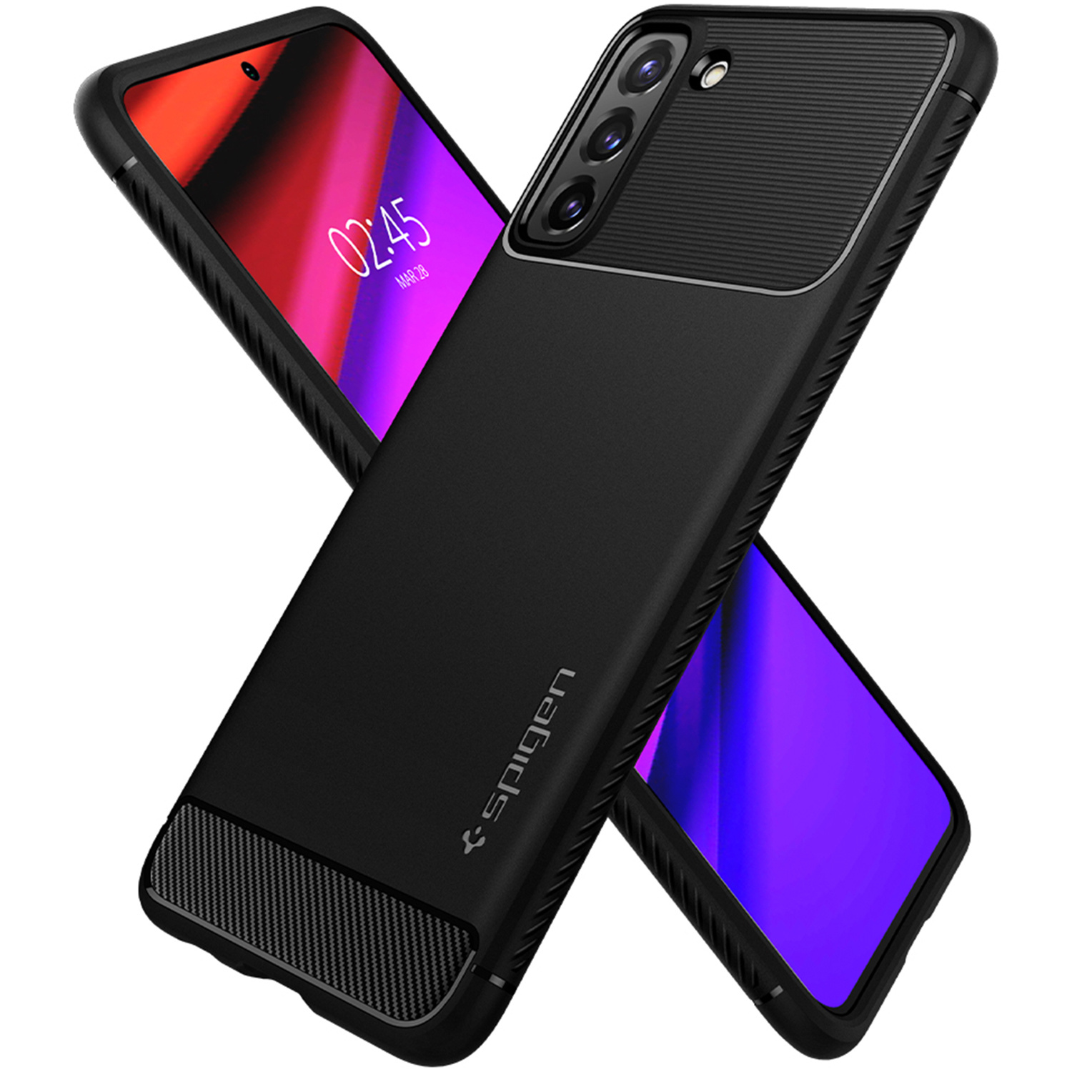 Czarny futerał na telefon z dwoma telefonami w środku. Telefony mają ekrany z kolorowymi gradientami. Marka Spigen.