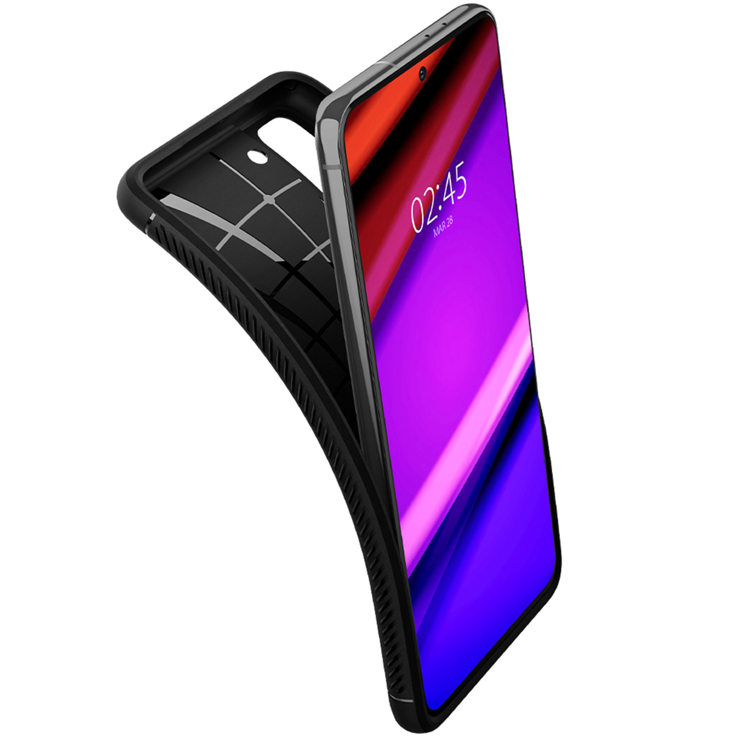 Czarny futerał na telefon z telefonem w środku. Ekran telefonu pokazuje godzinę 02:45 i fioletowo-czerwony gradient.