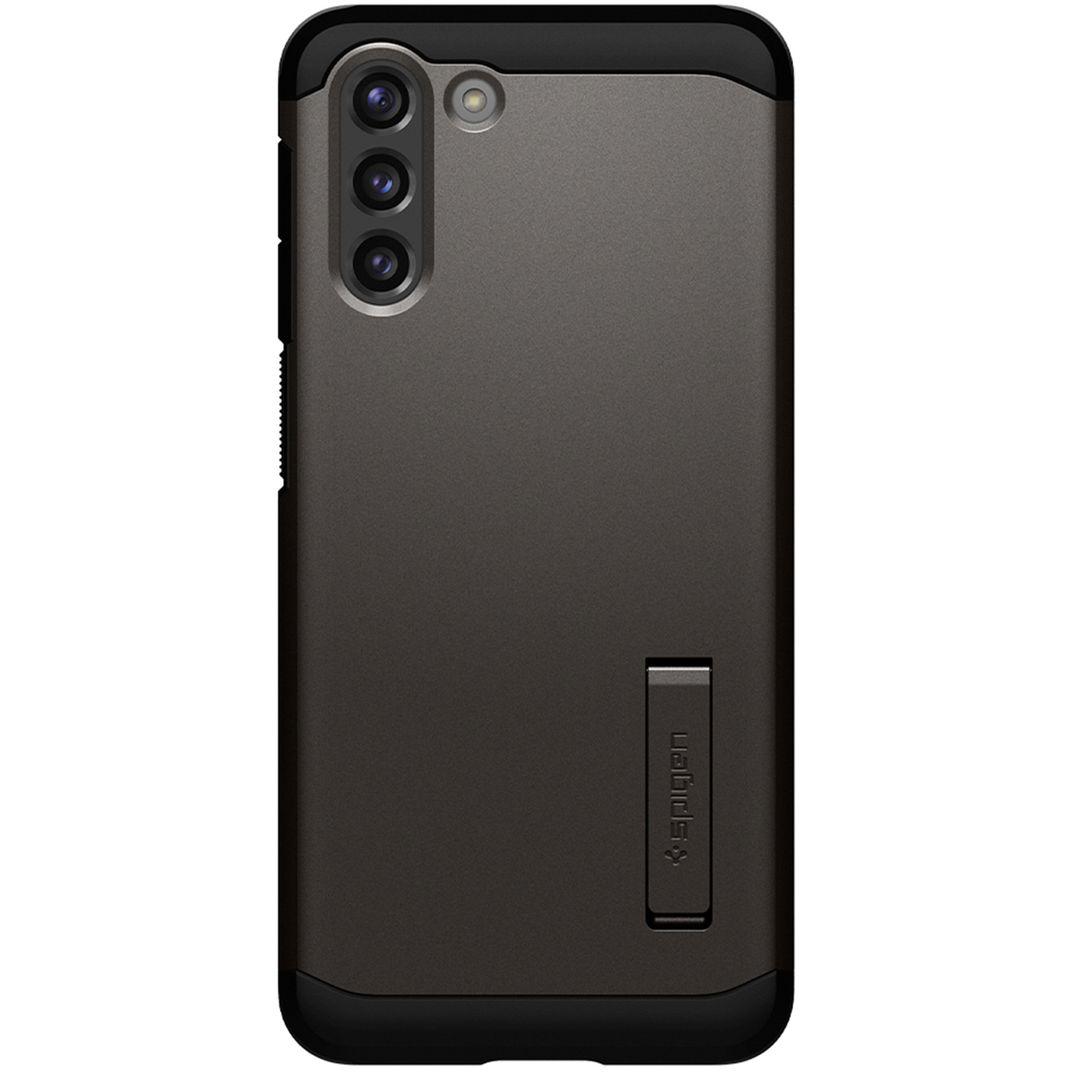 Donkergrijze telefoonhoes met kickstand. Beschikt over drie camera's en de merknaam Spigen. De hoes is donkergrijs.