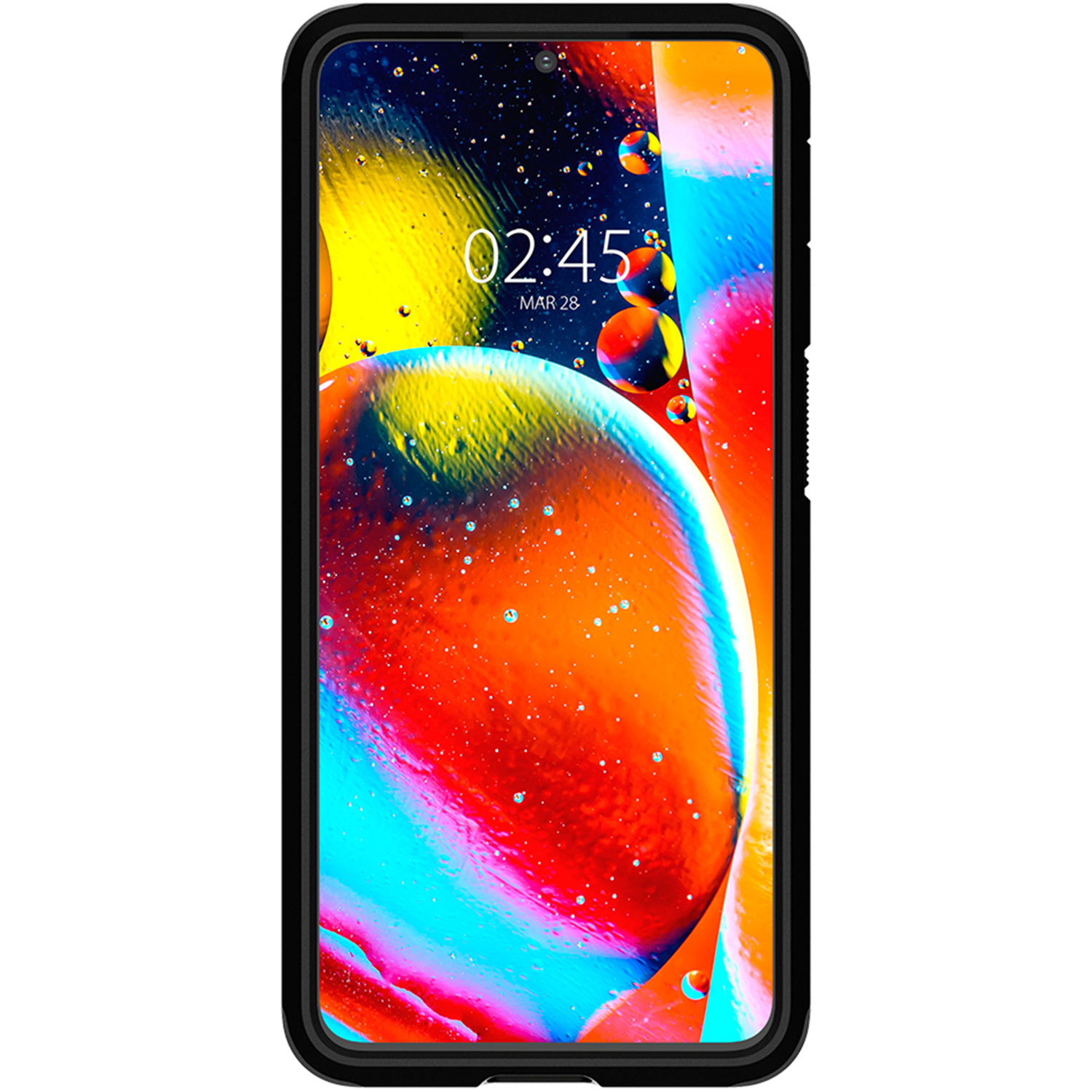 Zwarte telefoonhoes met telefoon erin. Telefoonscherm toont kleurrijke abstracte kunst met tijd 02:45 bovenaan.