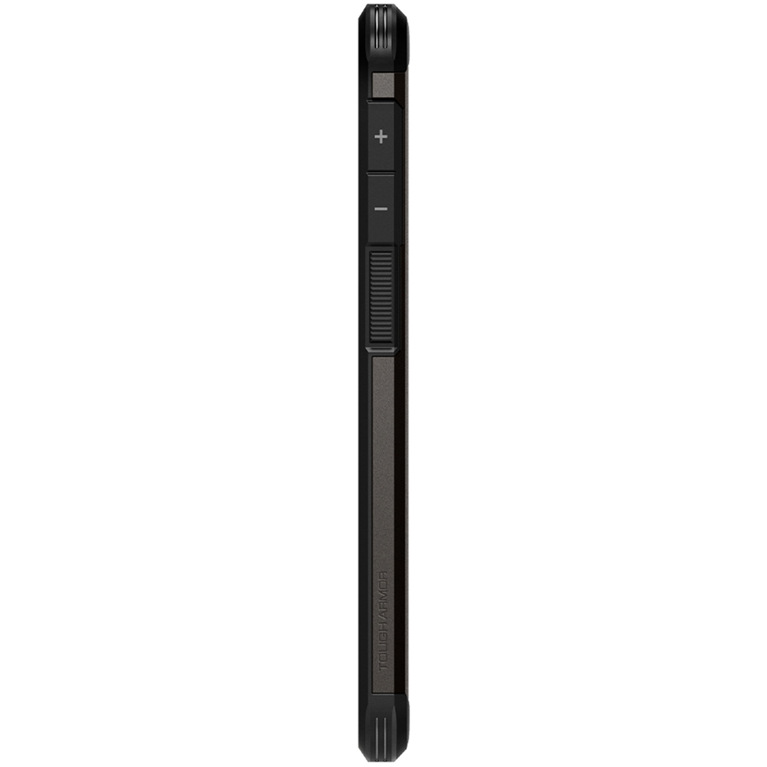 Zwarte telefoonhoes, zijaanzicht. Toont volume- en aan/uit-knoppen, plus een Tough Armor-merk onderaan.
