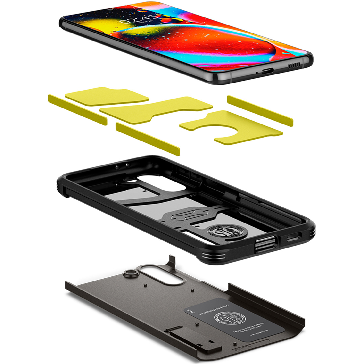 Exploded view van een telefoon en hoesonderdelen. Bevat telefoon, gele inzetstukken, zwarte hoes en een kickstand.