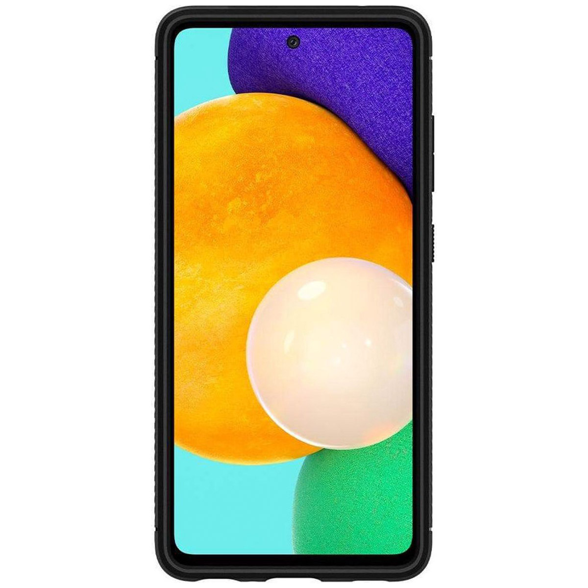 Smartphone nero con schermo grande, forme astratte arancioni, viola e bianche.