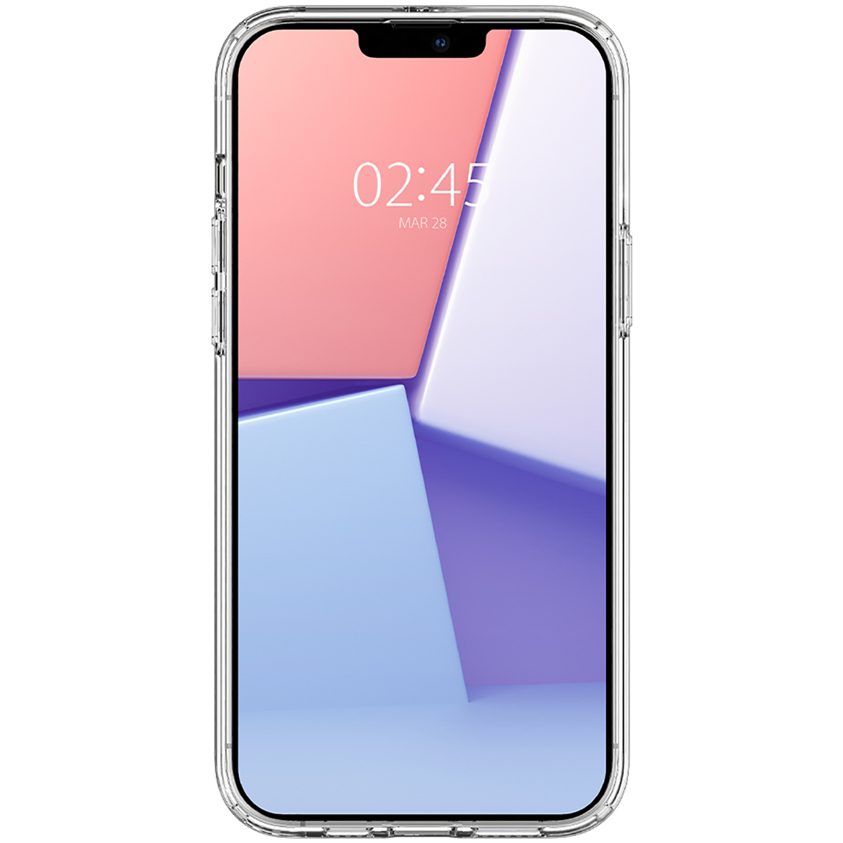 iPhone w przezroczystym etui, ekran wyświetla żywy, geometryczny abstrakcyjny wzór.