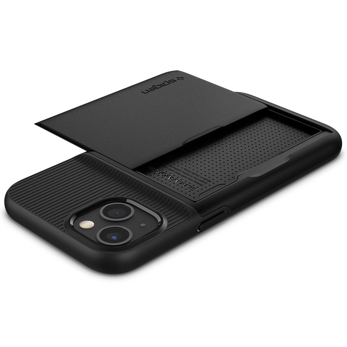 Custodia nera per telefono con porta carte. Marca Spigen.