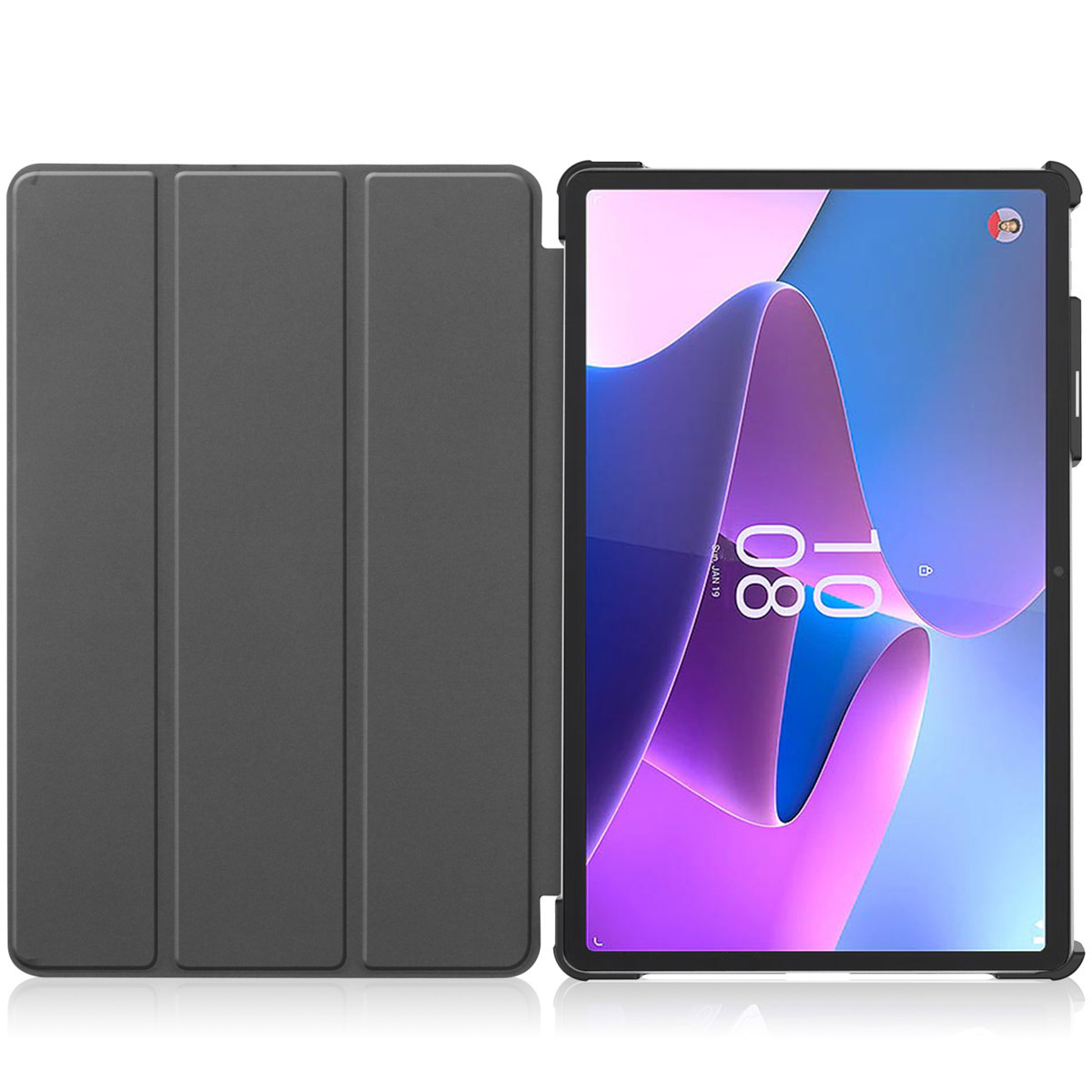 A tablet with a black case, open with a tablet inside. The tablet screen is on.