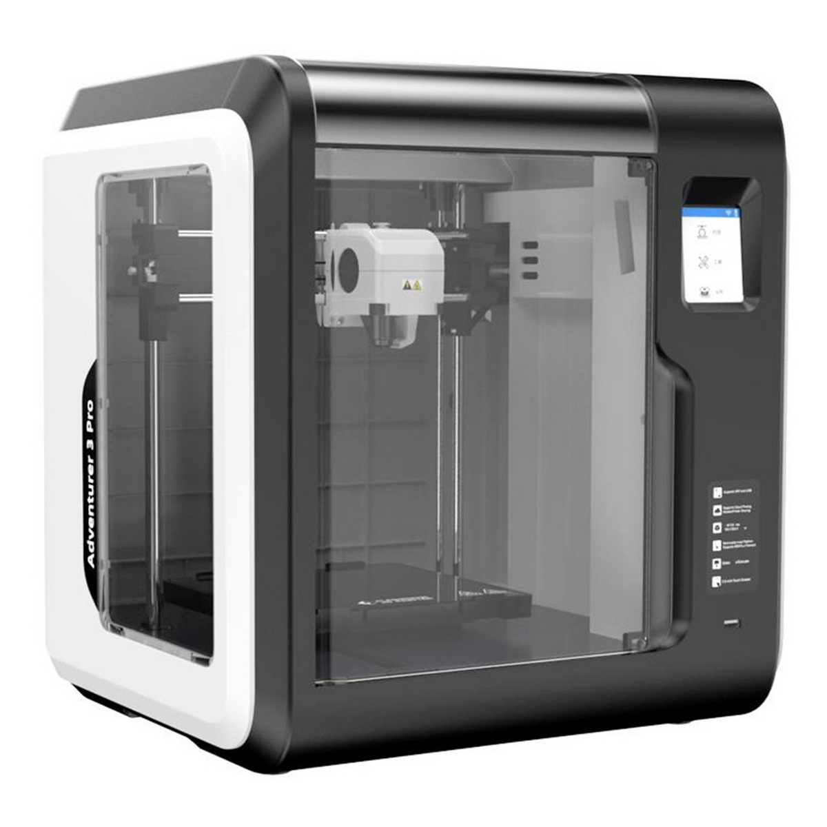 Stampante 3D. Bianco e nero. Ha una porta trasparente.