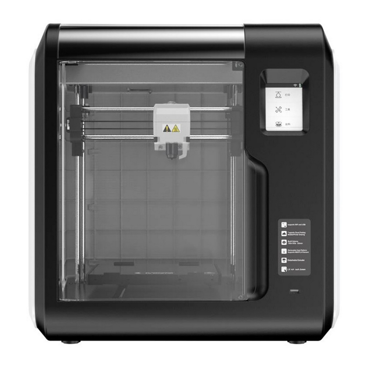 Stampante 3D in bianco e nero. Porta trasparente, piccolo schermo e ugello all'interno.