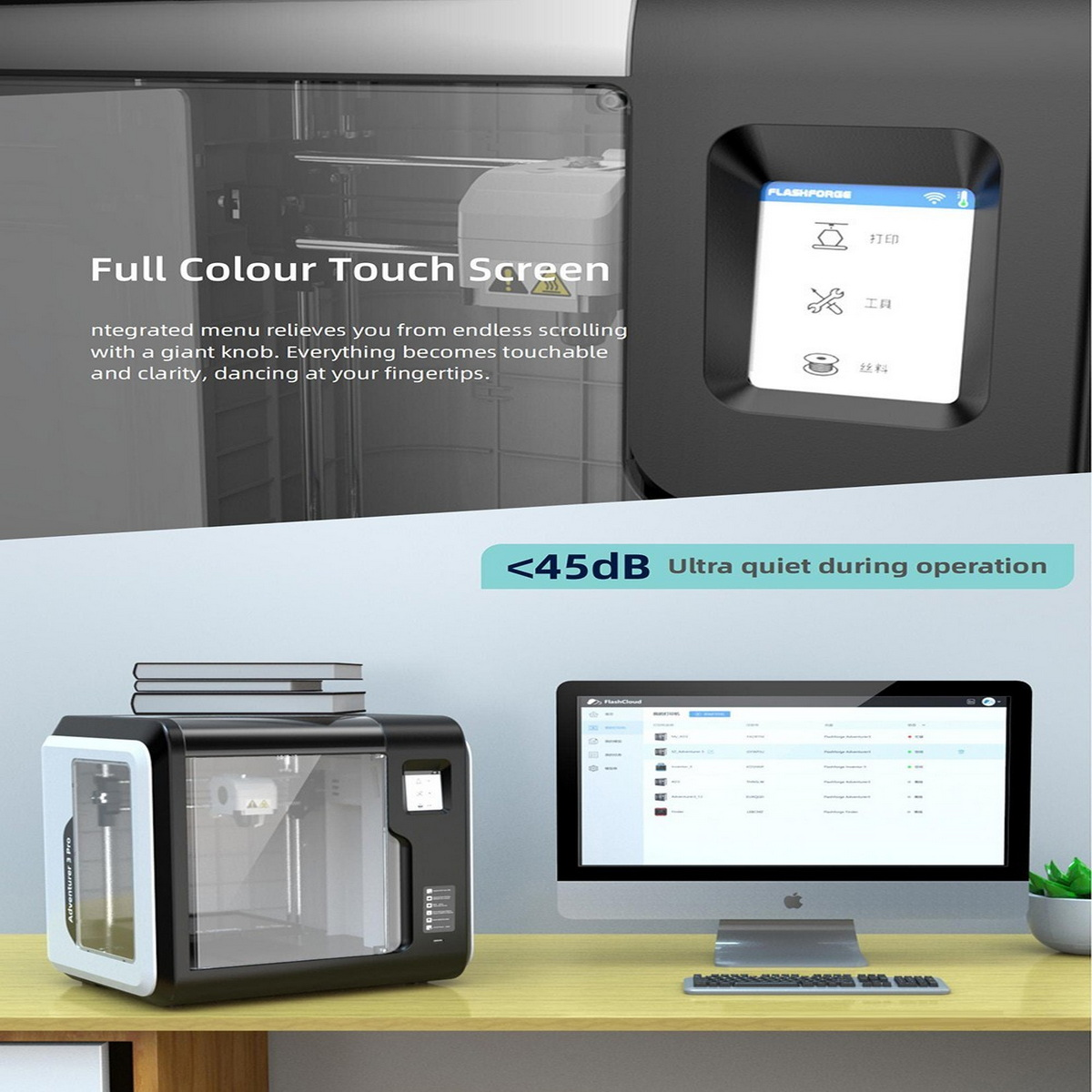 Una stampante 3D con touchscreen e configurazione desktop.