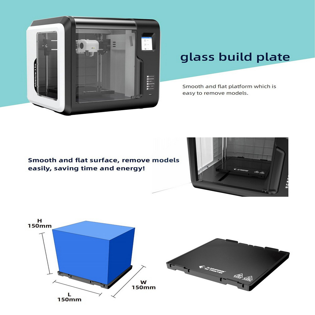 Una stampante 3D viene mostrata con il piatto di costruzione in vetro e un cubo blu. Lo sfondo è bianco.