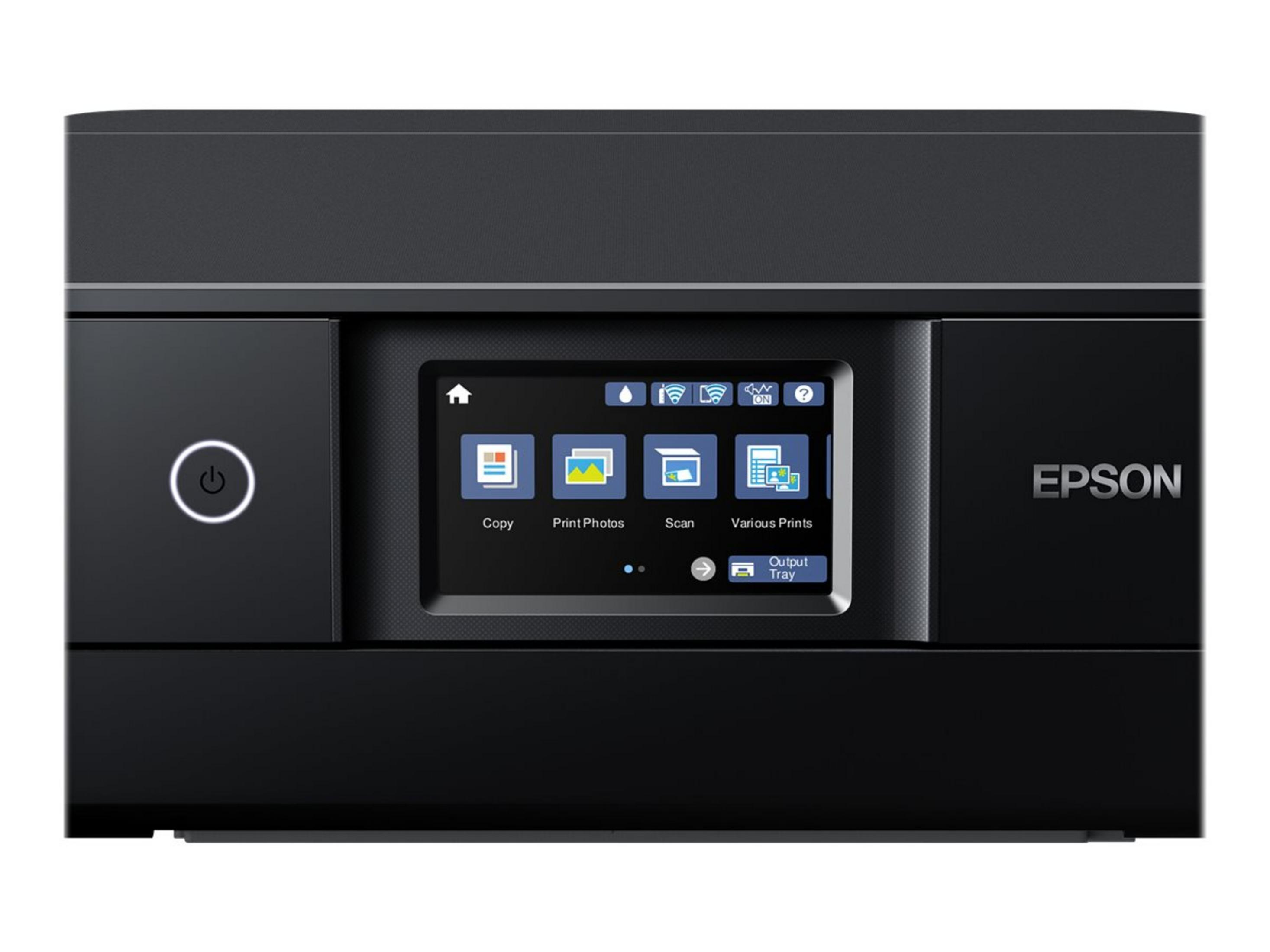 Czarna drukarka Epson ma kolorowy ekran z opcjami: Kopiuj, Drukuj zdjęcia, Skanuj i Różne wydruki.