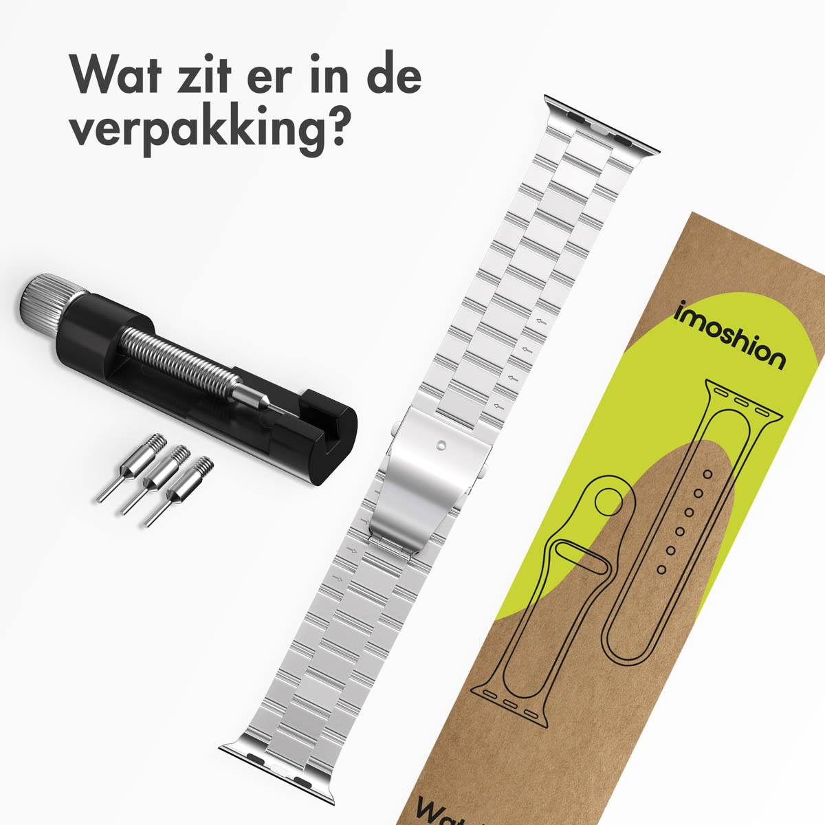 Kit with watch strap, tools, and a box with text: 'Wat zit er in de verpakking?'