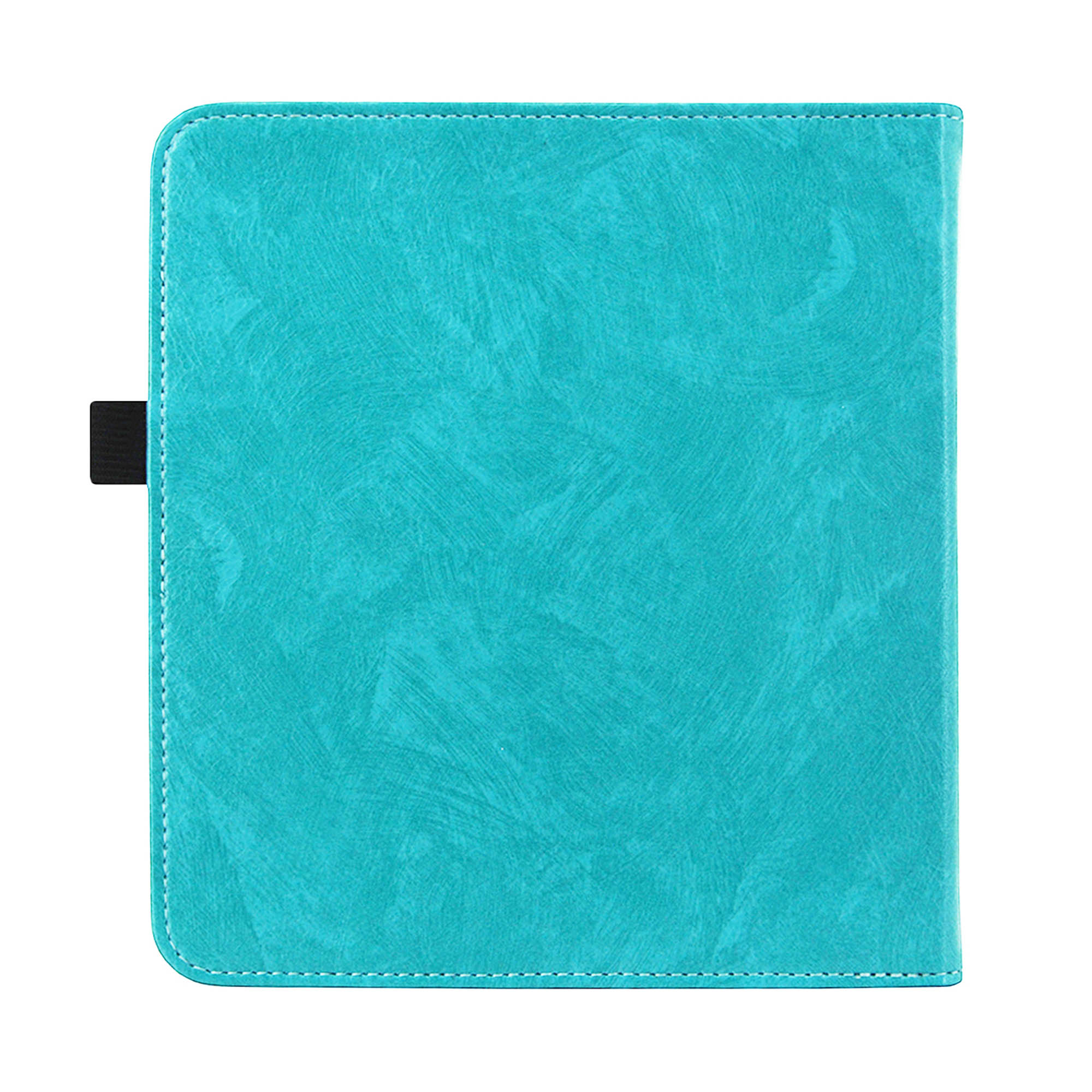Étui de tablette turquoise. L'étui est fermé et possède une bande élastique noire.