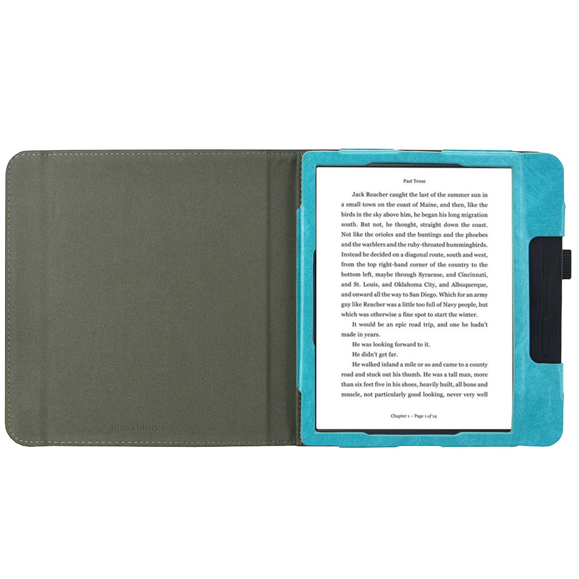 Kindle dans une couverture turquoise, ouvert sur une page de livre.