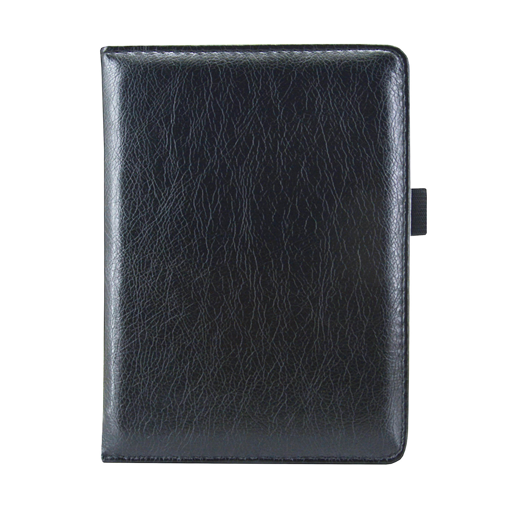 Zwart notitieboek met leerlook en riemsluiting.