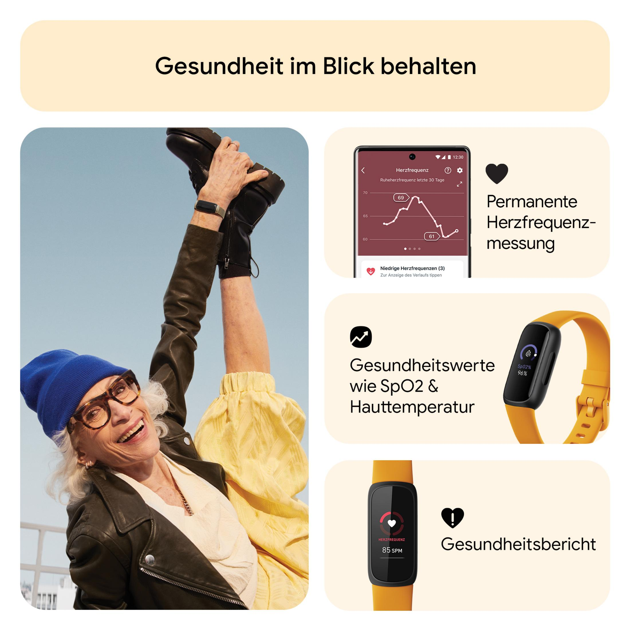 Starsza kobieta z żółtym smartwatchem. Wyświetla dane zdrowotne na telefonie. Inne elementy smartwatcha.