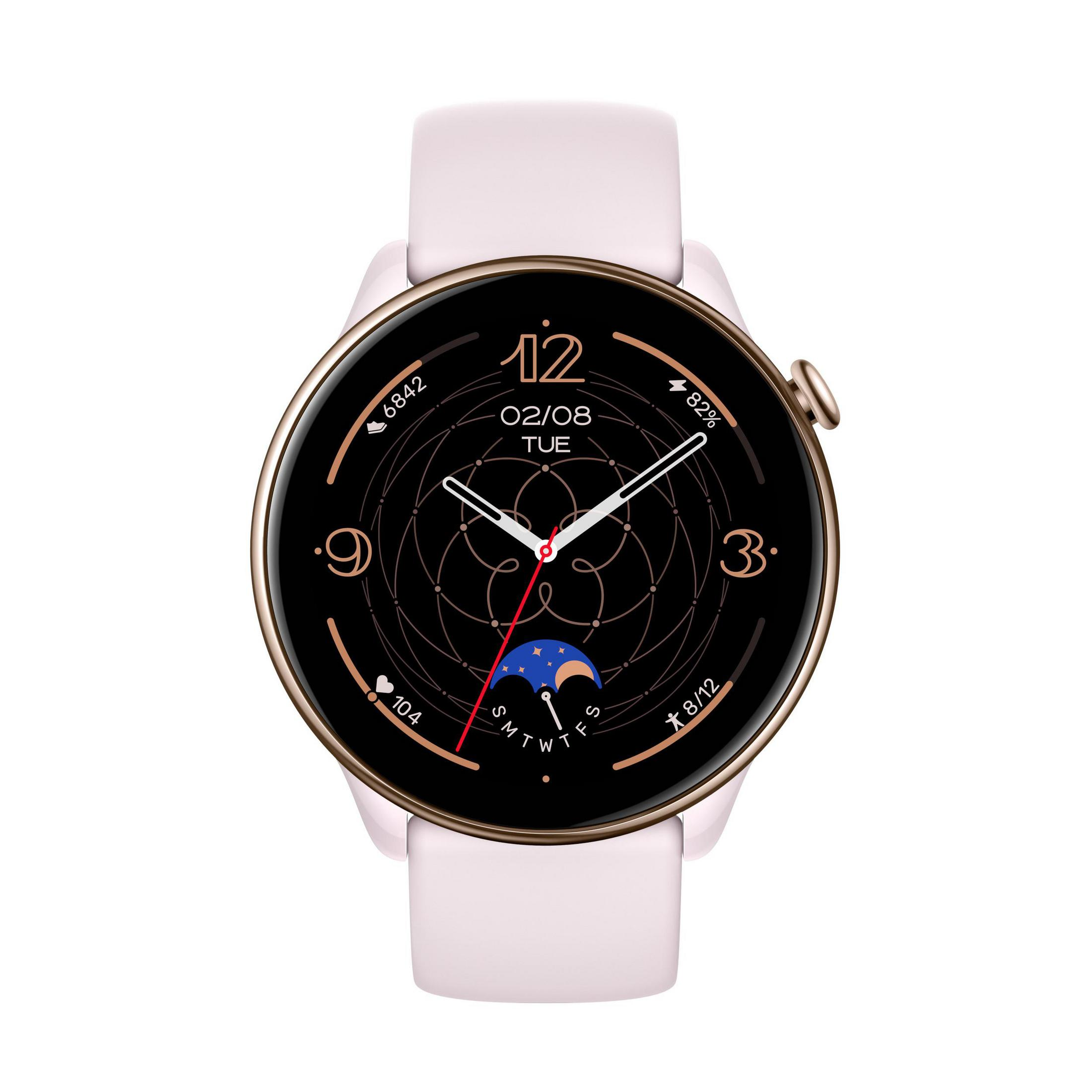 Smartwatch rosa con lunetta dorata e cinturino bianco, mostra ora e data.