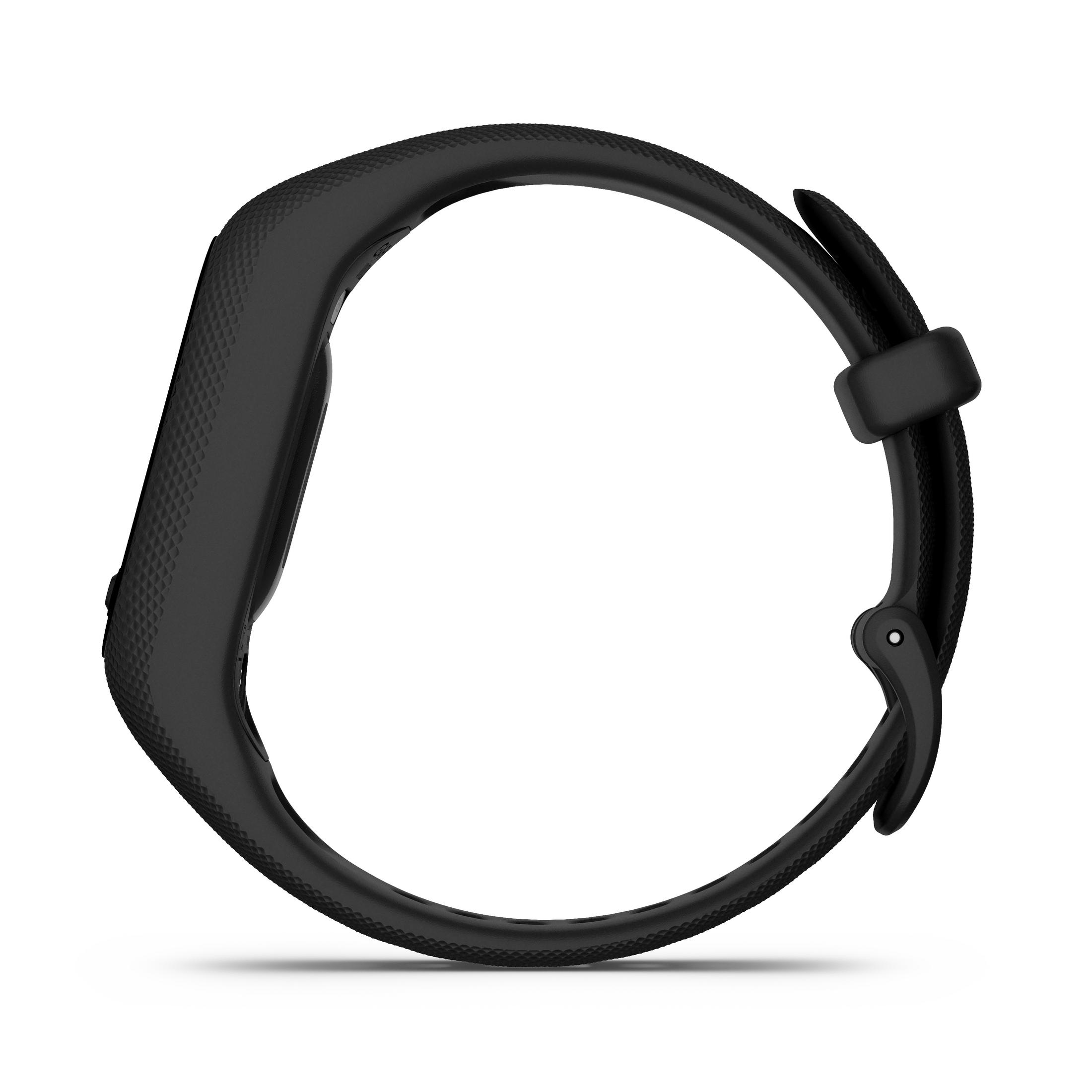 Tracker di fitness nero, vista laterale, con cinturino nero.