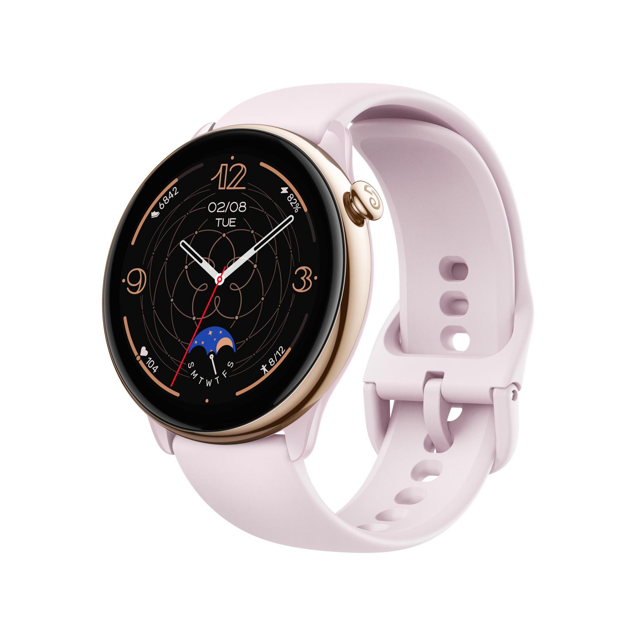 Smartwatch rosa con lunetta dorata e cinturino rosa. Lo schermo mostra l'ora e altri dati.