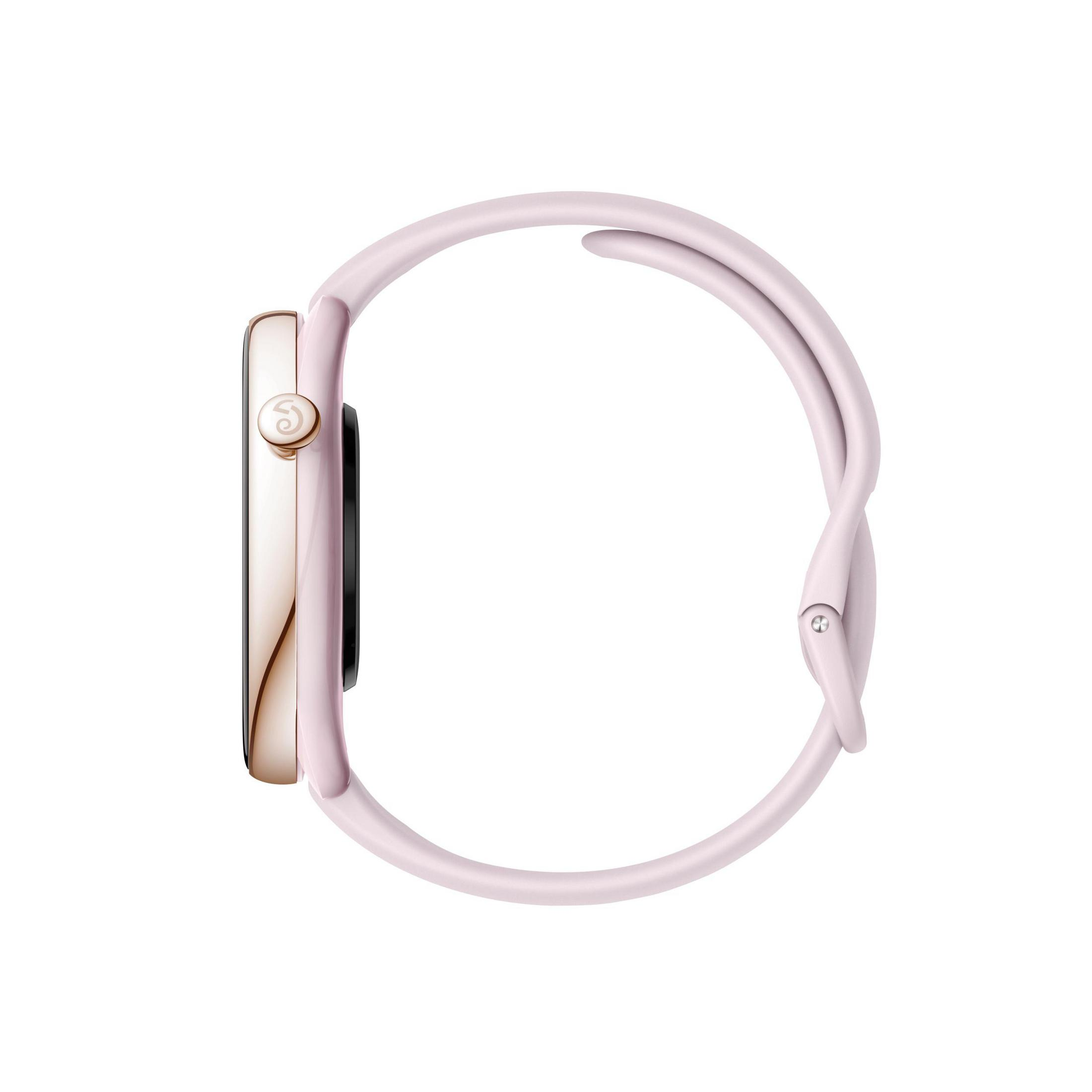Smartwatch rosa, vista laterale che mostra il design curvo e i dettagli del cinturino.