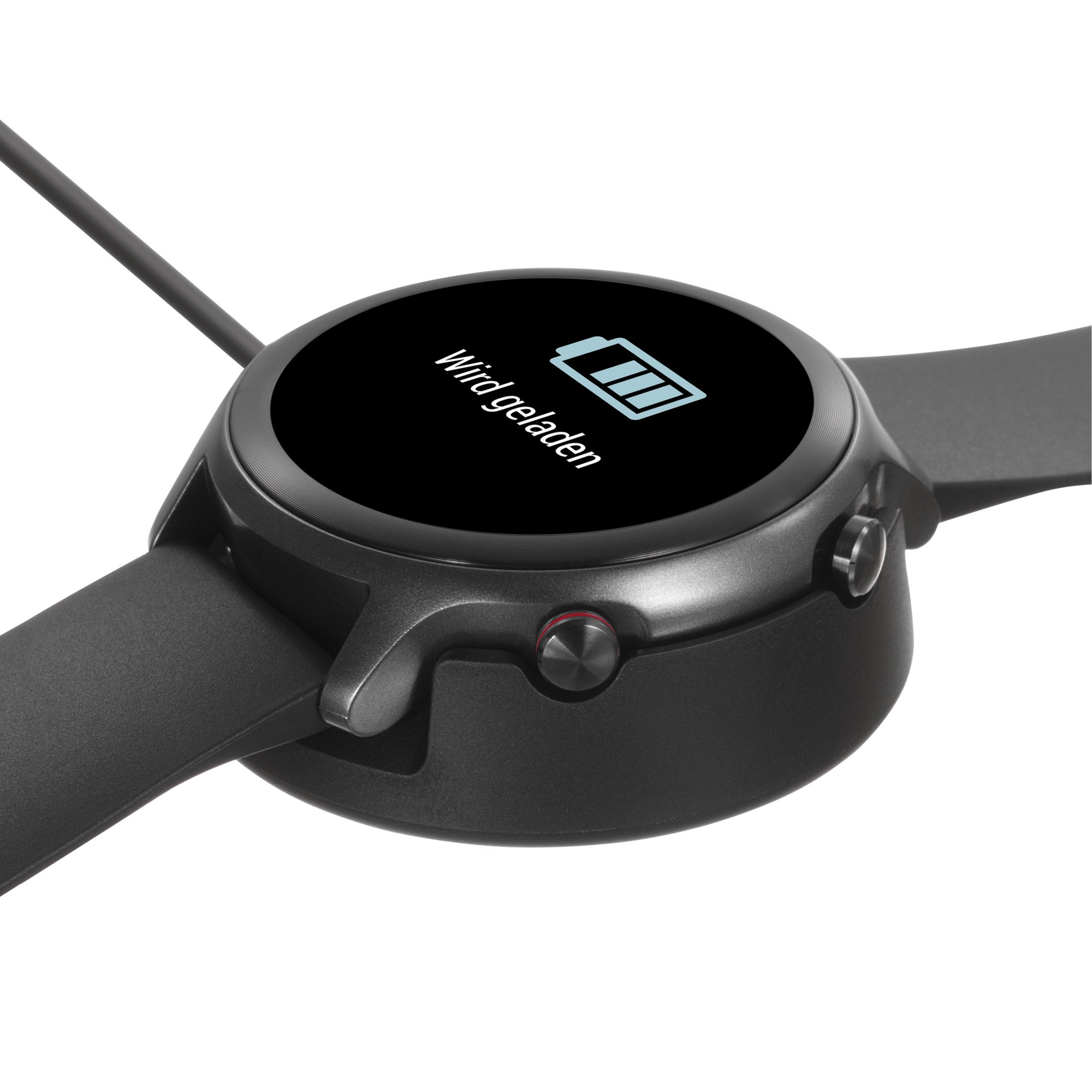 A black smartwatch is shown charging on a charging pad, the screen displays the charging icon.