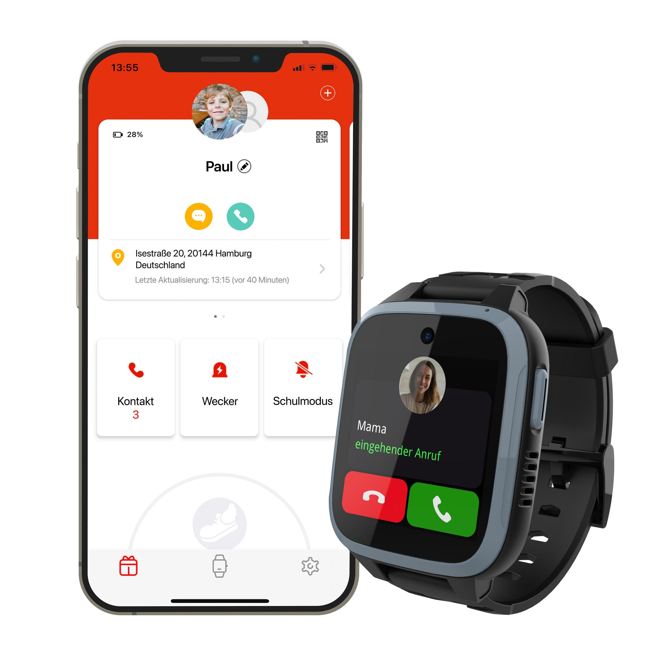 Smartphone mit Profil eines Jungen und Smartwatch. Die Uhr zeigt einen eingehenden Anruf von 'Mama'.