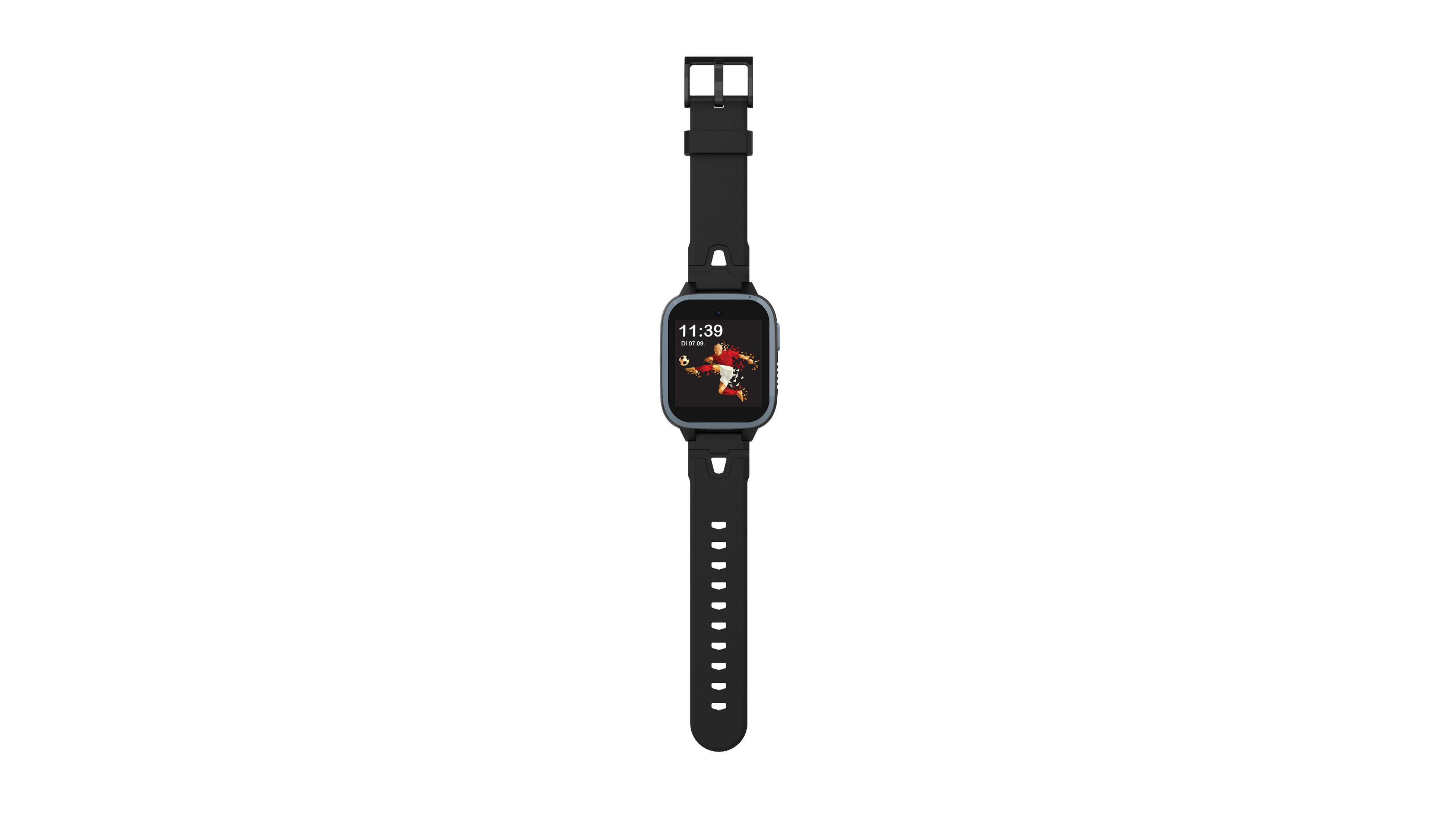 Schwarze Smartwatch mit rechteckigem Bildschirm, der ein Fußballspiel zeigt, auf weißem Hintergrund.