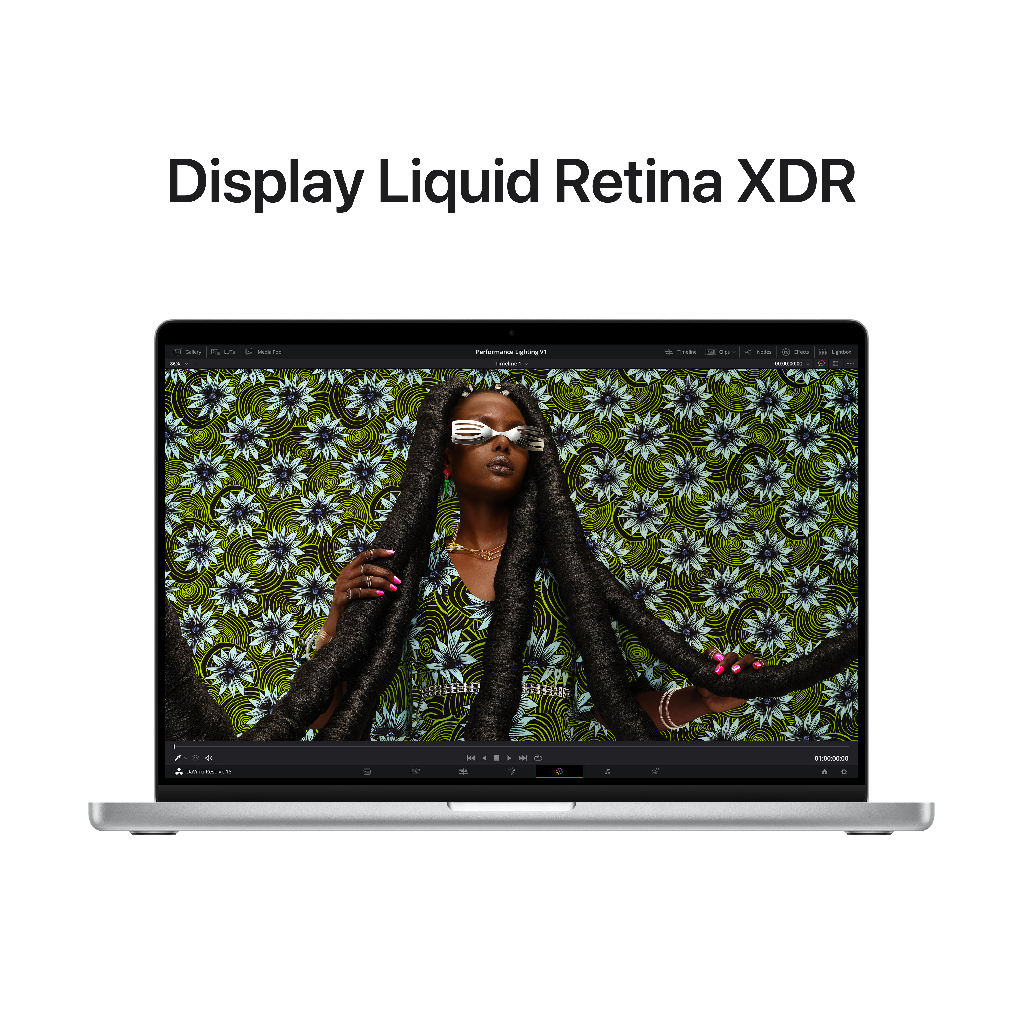 Ekran laptopa wyświetlający kobietę i tekst: Display Liquid Retina XDR.