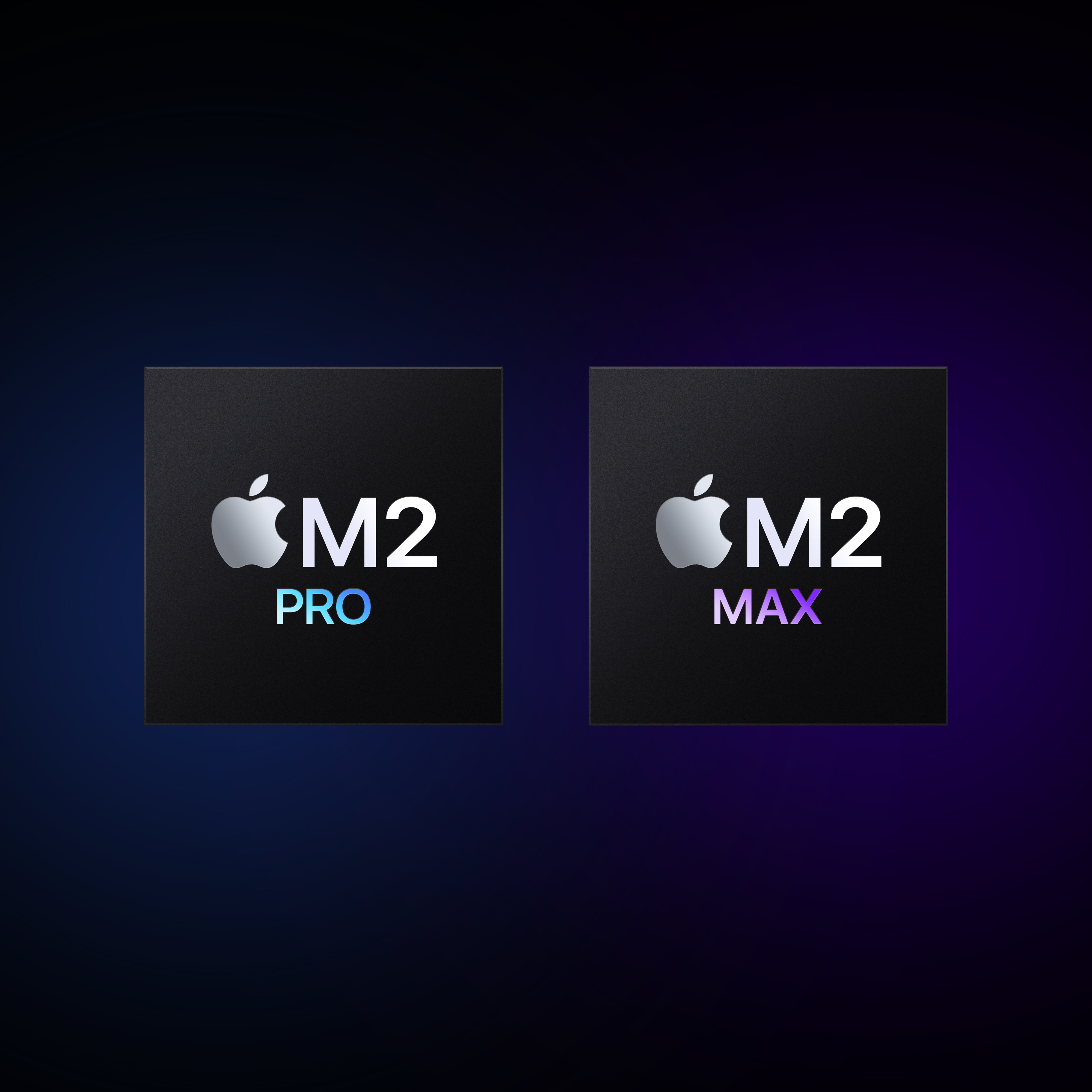 Zwei schwarze Quadrate mit Apple-Logos und Text: M2 Pro und M2 Max, vor dunklem blauem Hintergrund.
