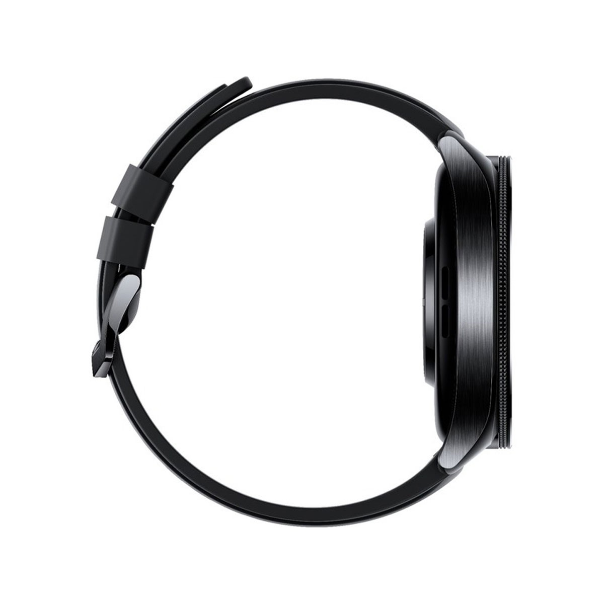 Schwarze Smartwatch mit rundem Display und schwarzem Armband, von der Seite gesehen.