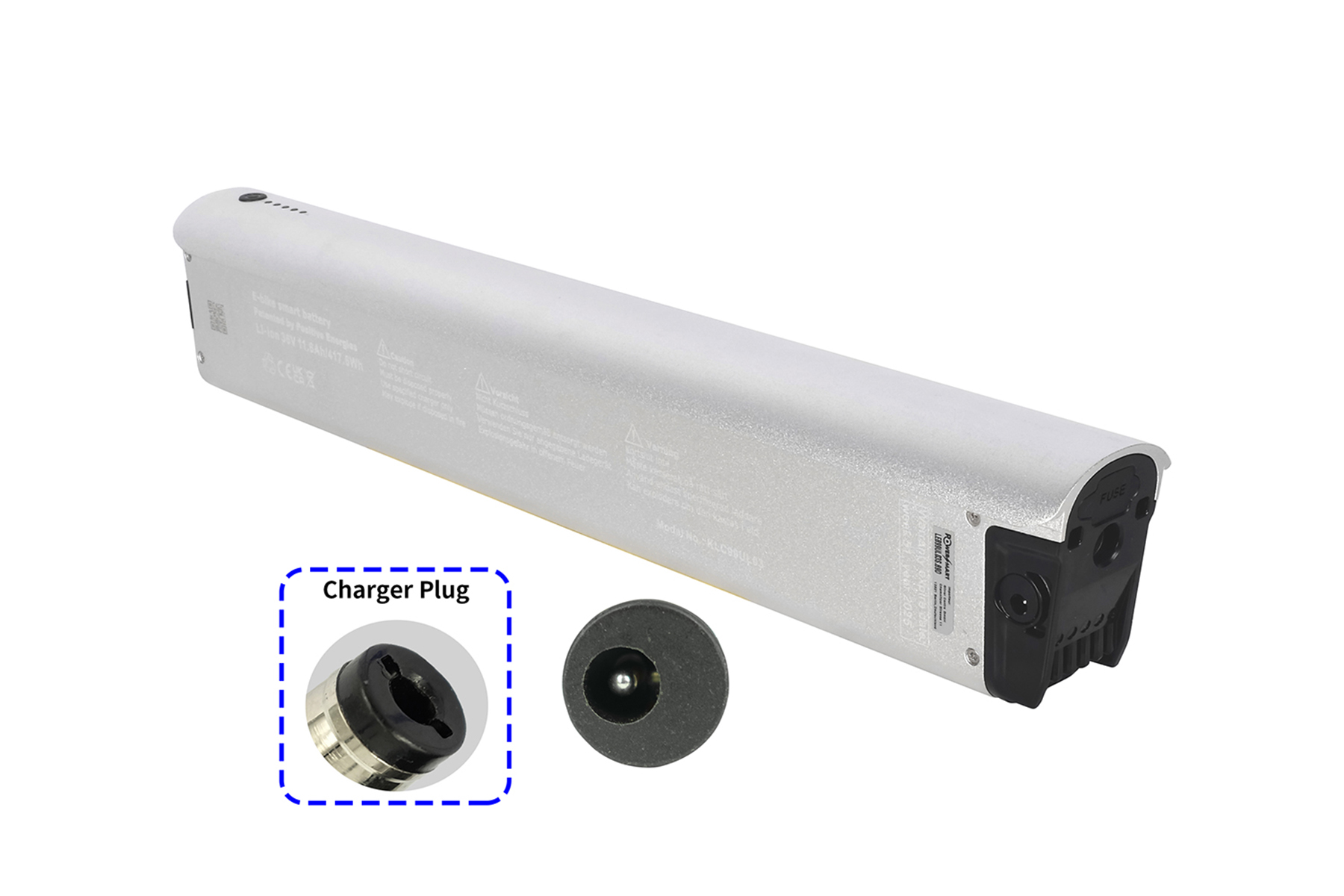 Silberne lange Batterie mit Ladegerätstecker und Ladeanschluss.