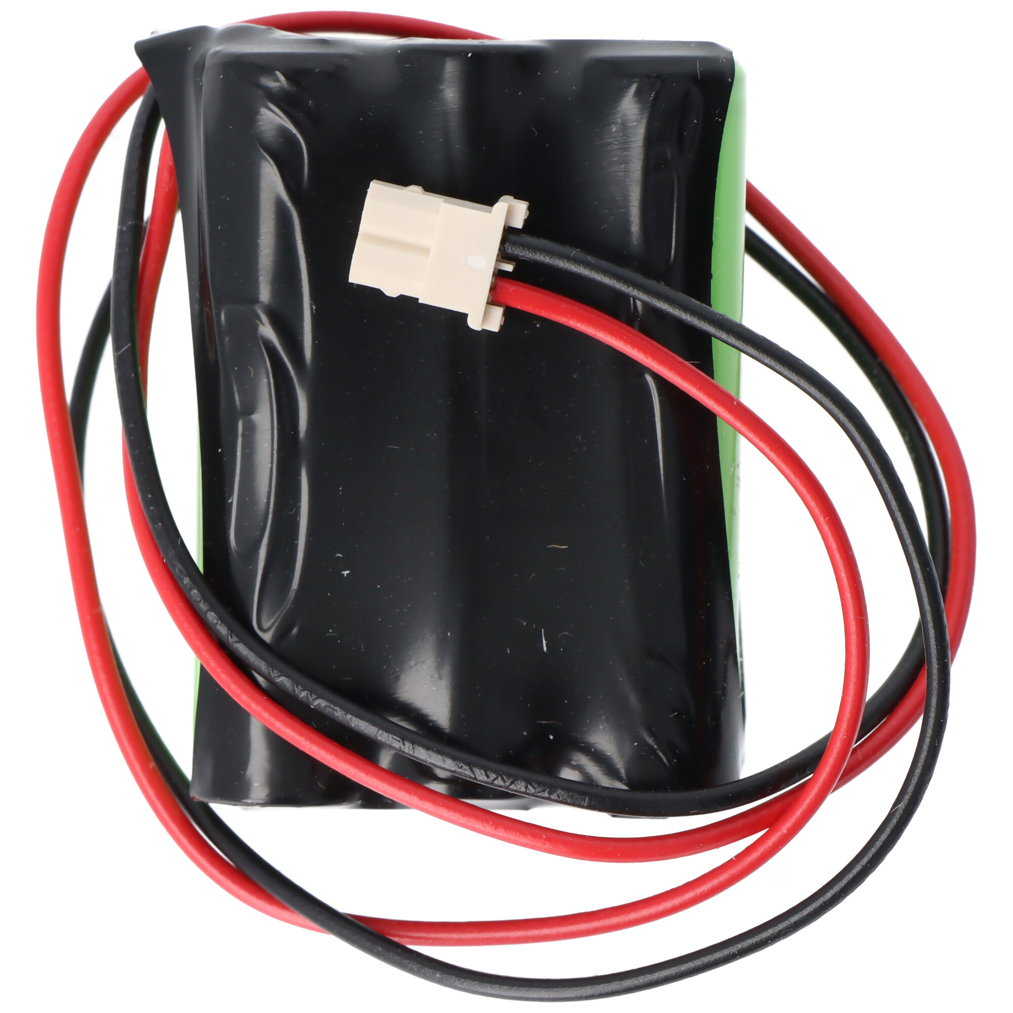 Batterie mit roten und schwarzen Drähten. Schwarz umwickelte Batterie mit weißem Stecker und Drähten.