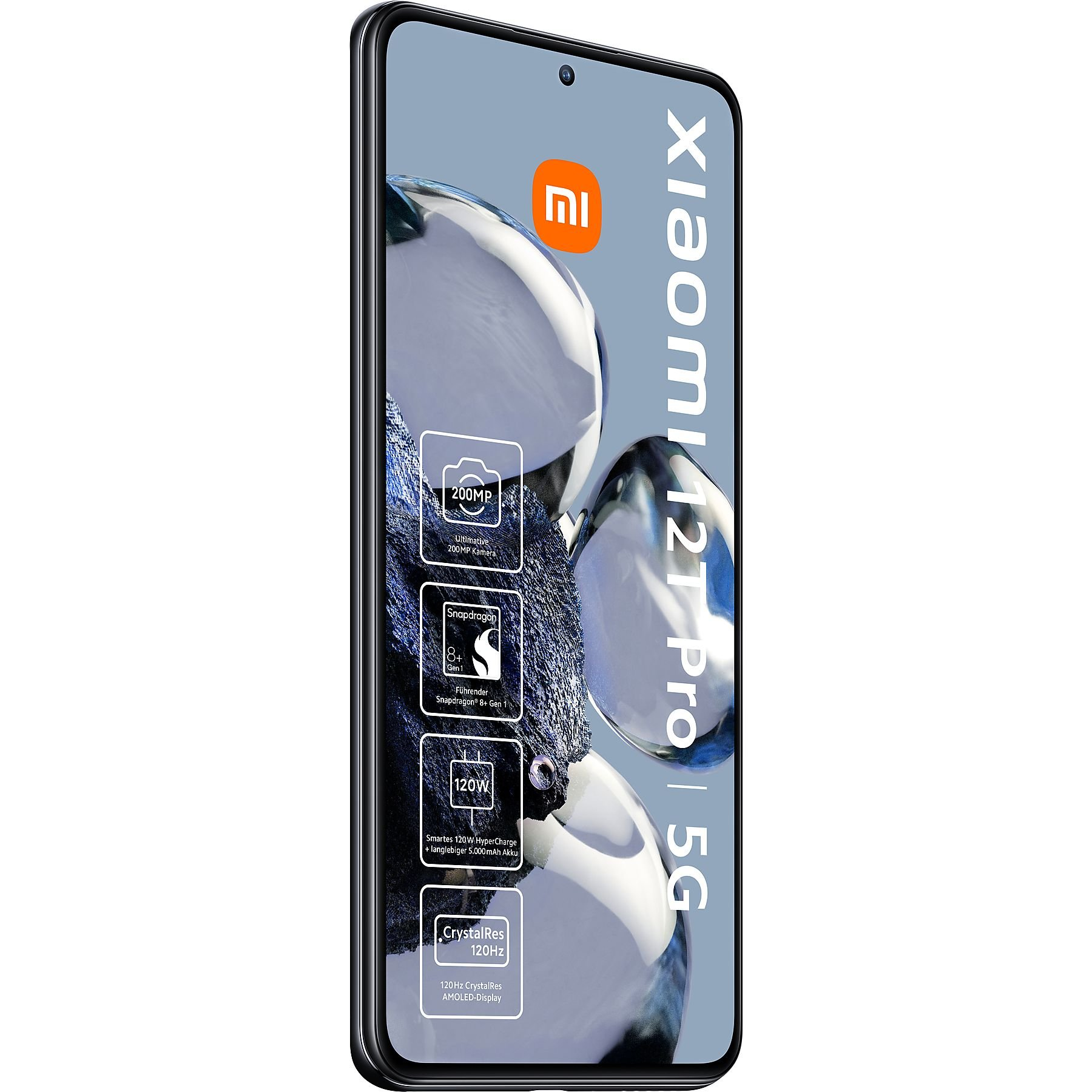 Ein schwarzes Xiaomi 12T Pro 5G-Telefon mit großem Bildschirm und Funktionen.